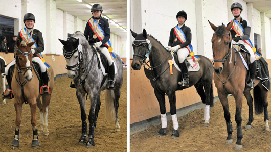 Die 4 neuen Landesmeister v.l. Soraya Getzin (Pony), Lara Malzkorn (Children U16), Janette Kalis (26 u. älter), Annabell Zimmerman (Nachwuchsreiter U25). Foto: Jutta Wego