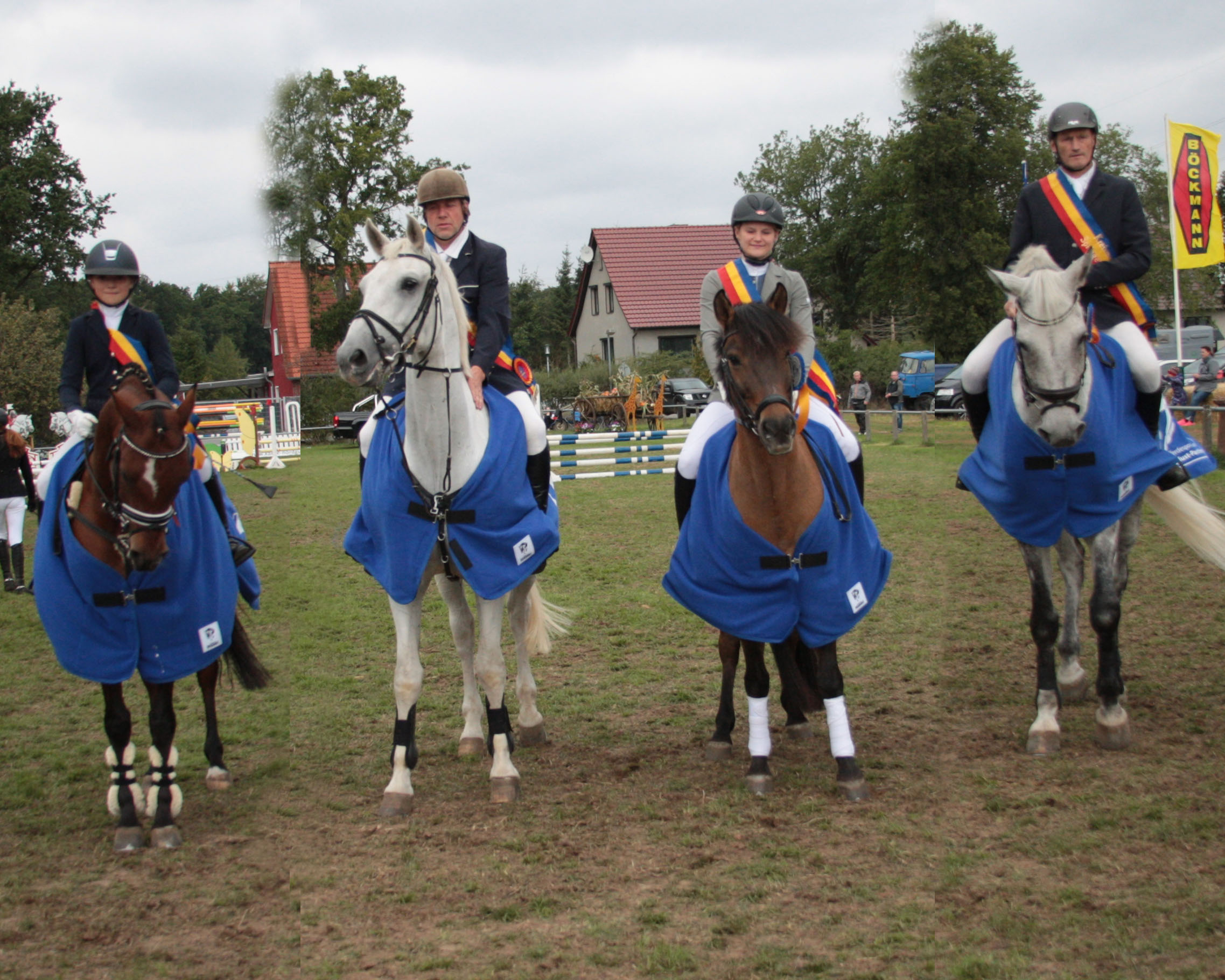 Die neuen Kreismeister des Landkreises Ludwigslust-Parchim im Springreiten: v.r. Bodo Holz (Lkl. 1-3), Annika Lenz (Lkl. 5), Steffen Kalugin (Lkl. 4), Joy Ann Grube (Lkl. 6). 