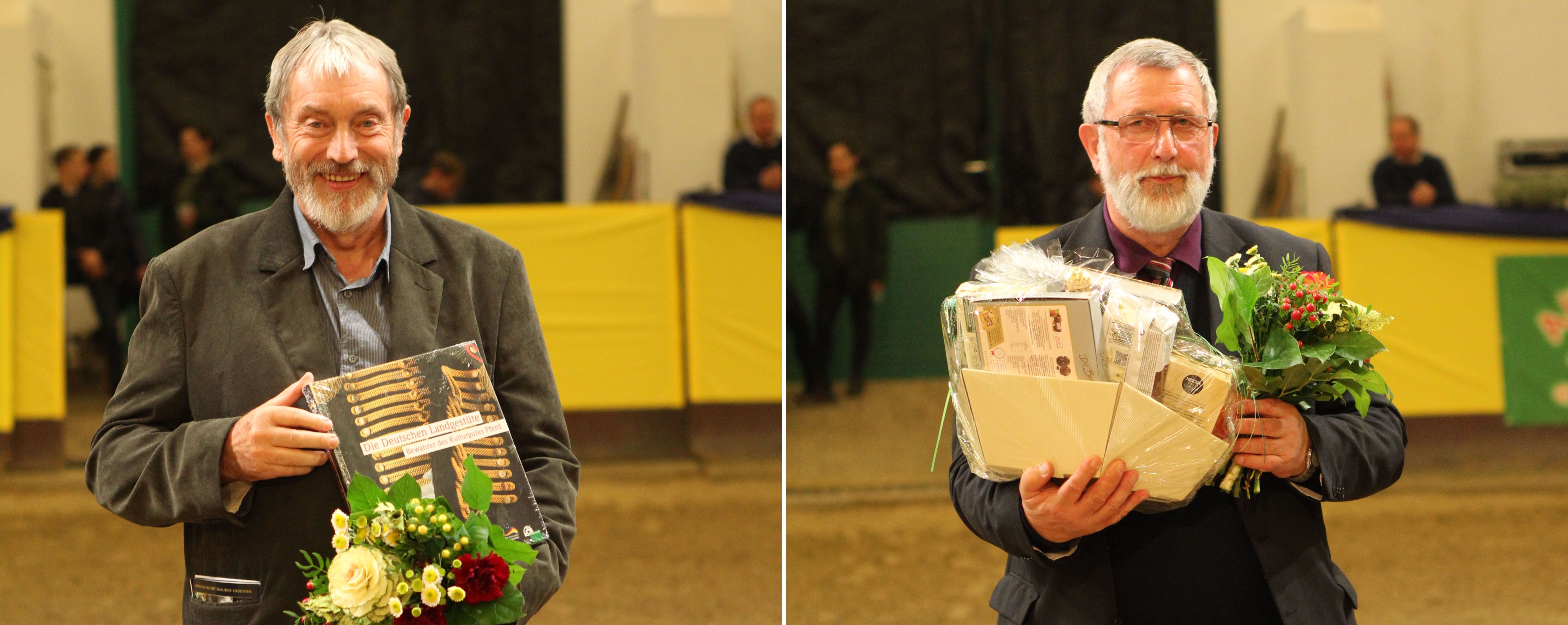 Der ehemalige langjährige Vizepräsident des Verbandes der Pferdezüchter MV, Dieter Quaas (l.) und der ehemalige Zuchtleiter/Geschäftsführer Uwe Witt, die den Verband beide 29 Jahre mitgeprägt haben, sind aus ihren Ämtern ausgeschieden und erhielten im Nachgang vor versammelter Kulisse bei der Körung noch eine ganz besondere Würdigung. Fotos: Jutta Wego