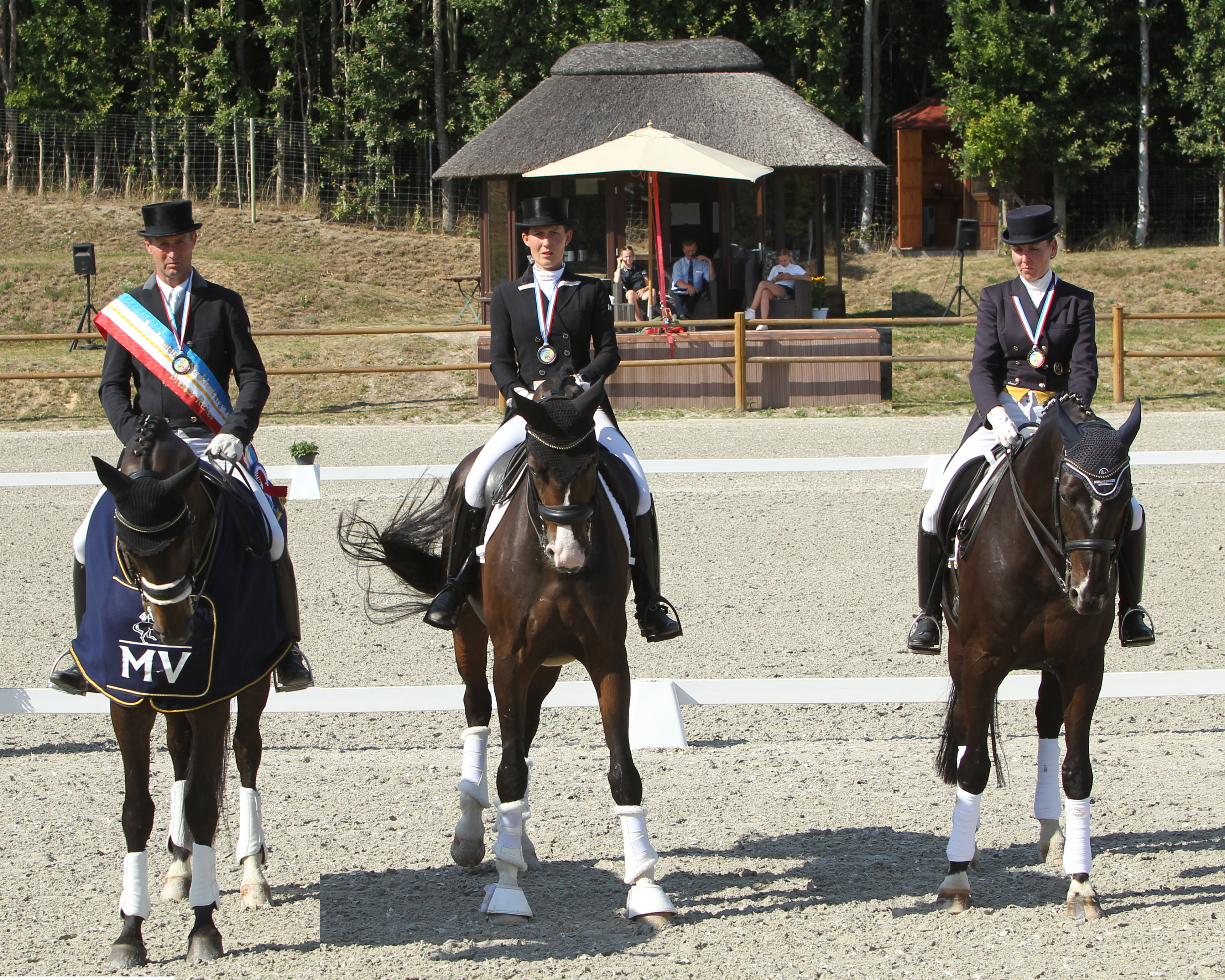 Ronald Lüders hat seinen Titel in der S-Klasse aus dem Vorjahr verteidigt und mit dem Hengst Royal Rubiniro den 14. Meistertitel gewonnen. An Libuse Mencke (Ganschow) geht Silber Mitte), Bronze an Christina Thieme (Redefin). Foto: Jutta Wego