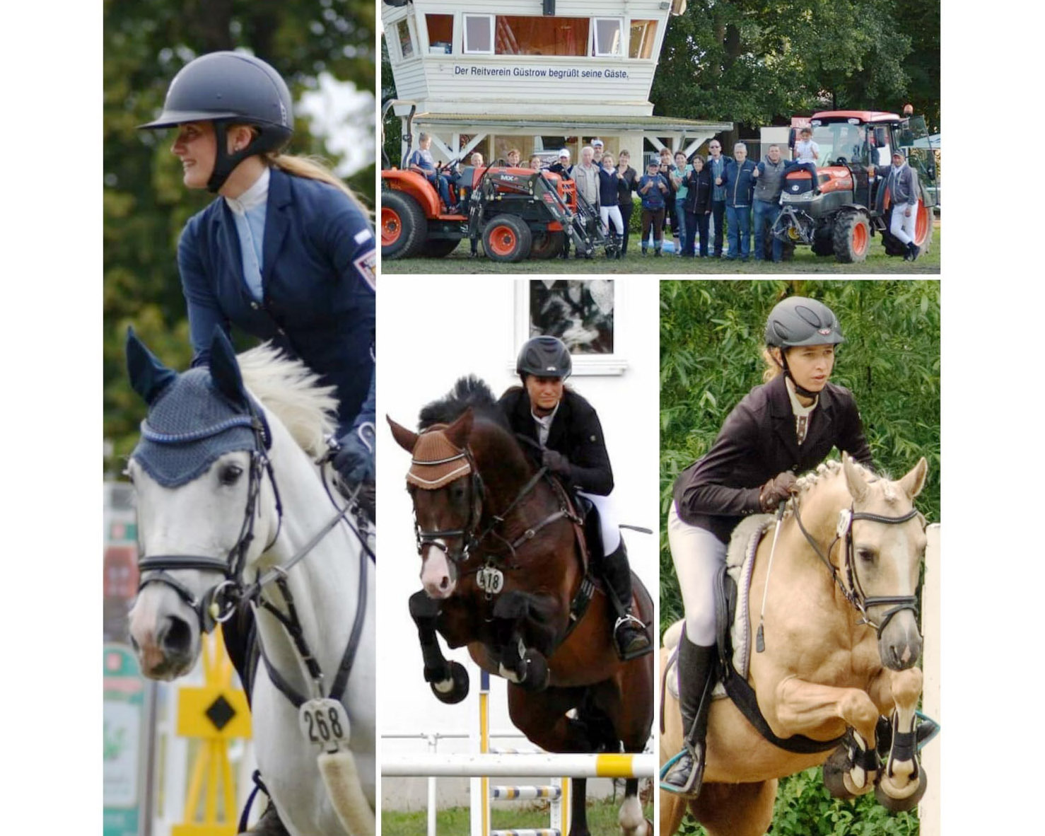 Die Güstrower Reiter- und Helfercrew, die im Springsattel unter anderen von Hermine Burchard (o.l.), Ramona Schilloks (o.M.) Hannah Gebauer (o.r.) vertreten werden, freut sich auf zwei schöne Turnierwochenenden in Güstrow. Fotomontage: RV Güstrow