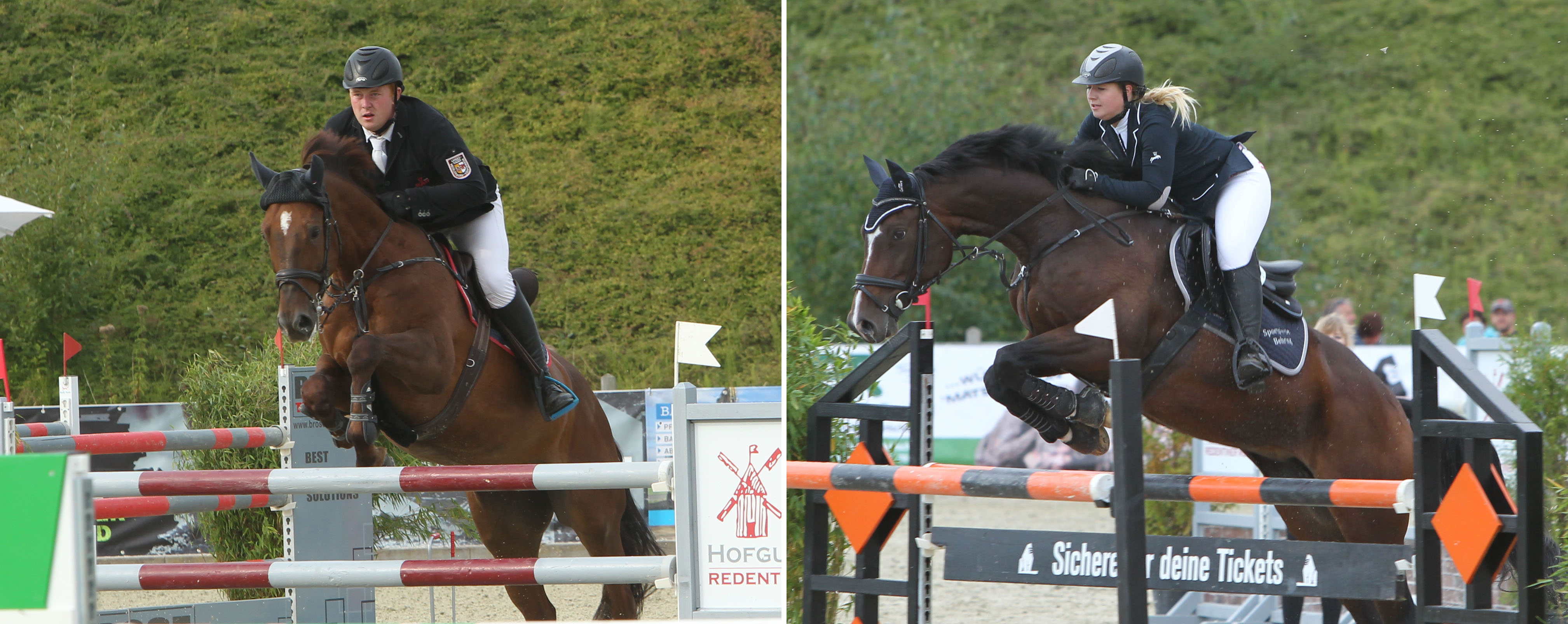 Siegreich waren auch die Teamkollegen Christoph Maack und Jenny Kammholz(Kirch-Mummendorf). Christoph ließ sein bestes Pferd Dyleen 1 zur Schonung für die DM am kommenden Wochenende in Riesenbeck im Stall, kam auf der jüngeren Vollschwester aber zu einem M-Sieg und zu einem 2. Platz. Jenny Kammholz gewann auf Quintura zwei L-Springen gewann. Fotos: Jutta Wego