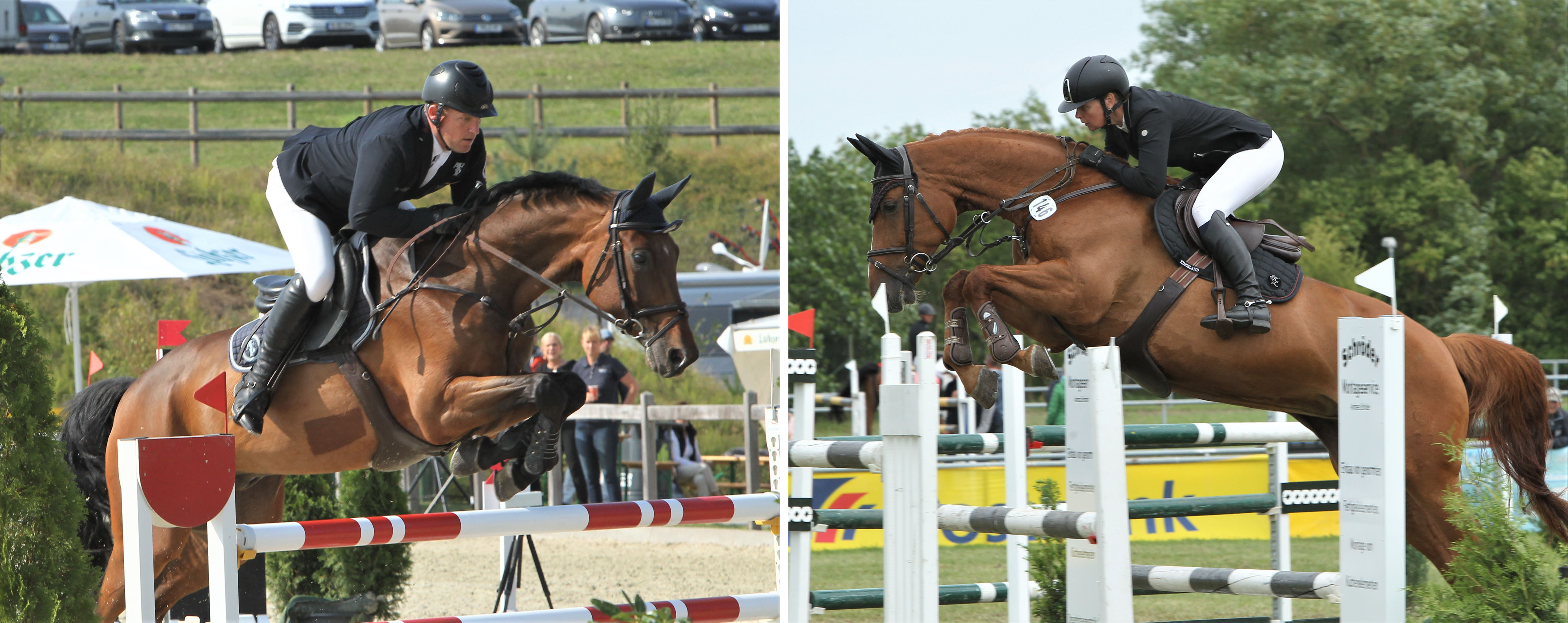 Thomas Kleis (links) und Silberpfeil M, er reitet für die Pferdesportarena Schloss Wendorf (Rang 8). Kati Lekander mit Ceedah, sie reitet wieder für den RFV Bornmühle (Rang 9). Fotos: Jutta Wego