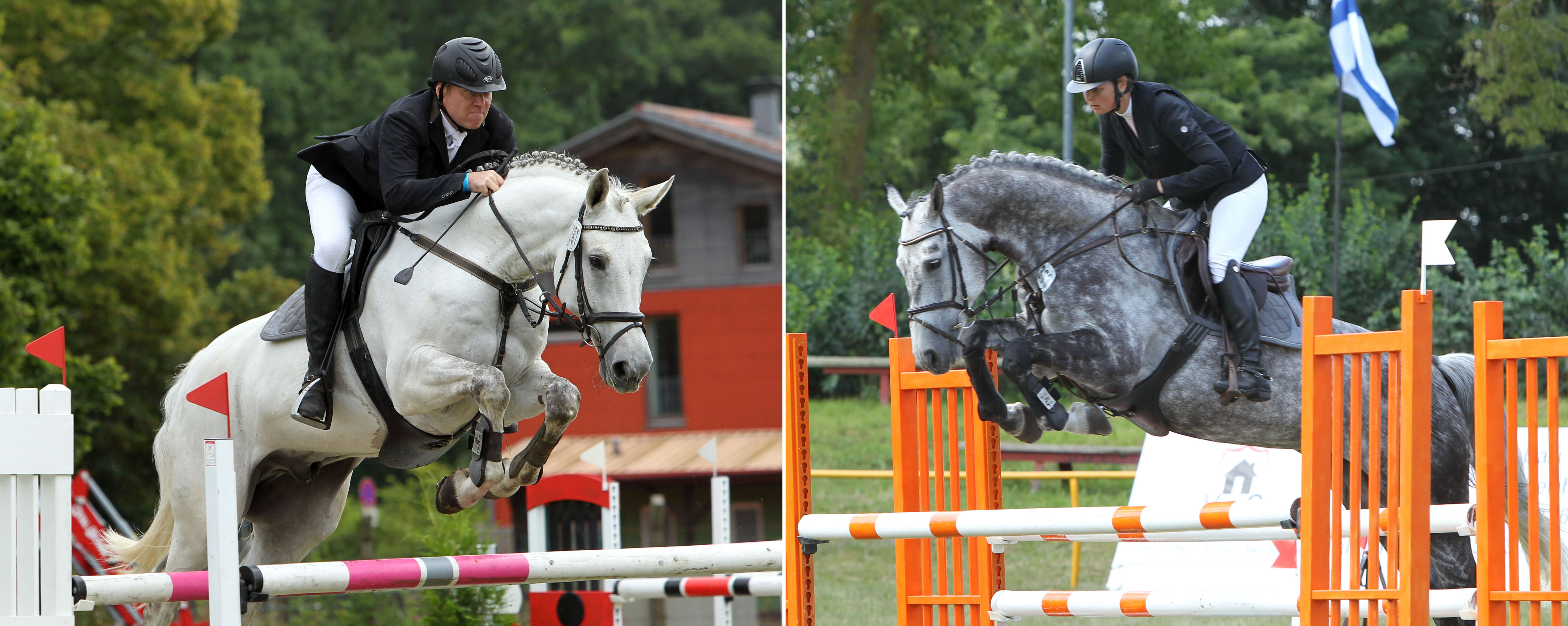 Links: Maik Osterloh reitet für den RV Güstrow gewann mit Saphir ein A-Springen und wurde Kreismeister der Ü40-Reiter. © Jutta WegoRechts: Die Finnin Kati Lekander aus Karow war mit acht Platzierungen und dem M-Sieg auf O-Chadischa die erfolgreichste Reiterin in den Springpferdeprüfungen. © Jutta Wego