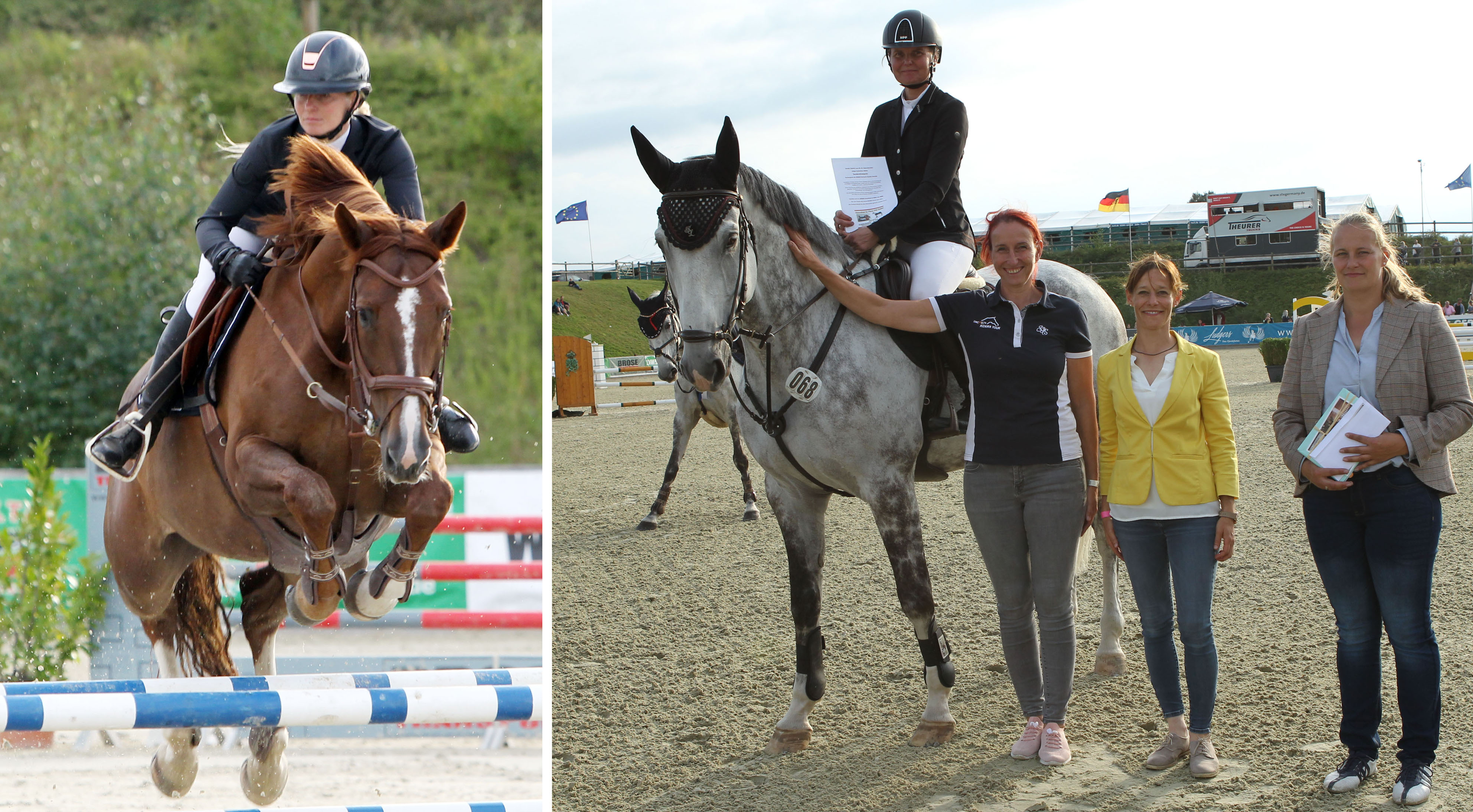 Siegerin in der Wertungsprüfung für den NWM-Spring-Cup wurde Juliane Weihs aus Grevesmühlen mit Galanthis. Kati Lekander wurde für den Umgang mit ihren Pferden rund um das Turnier mit einem Fairnesspreis ausgezeichnet, für den 400 Euro ausgelobt waren. Die Sponsorin, Turnierleiterin Kathrin Wiedmer und Henriette Helmes, die für die Organisation der Siegerehrungen zuständig und mit ihrer ganzen Familie so etwas wie die gute Sehle des Turniers  war, gratulieren. © Jutta Wego