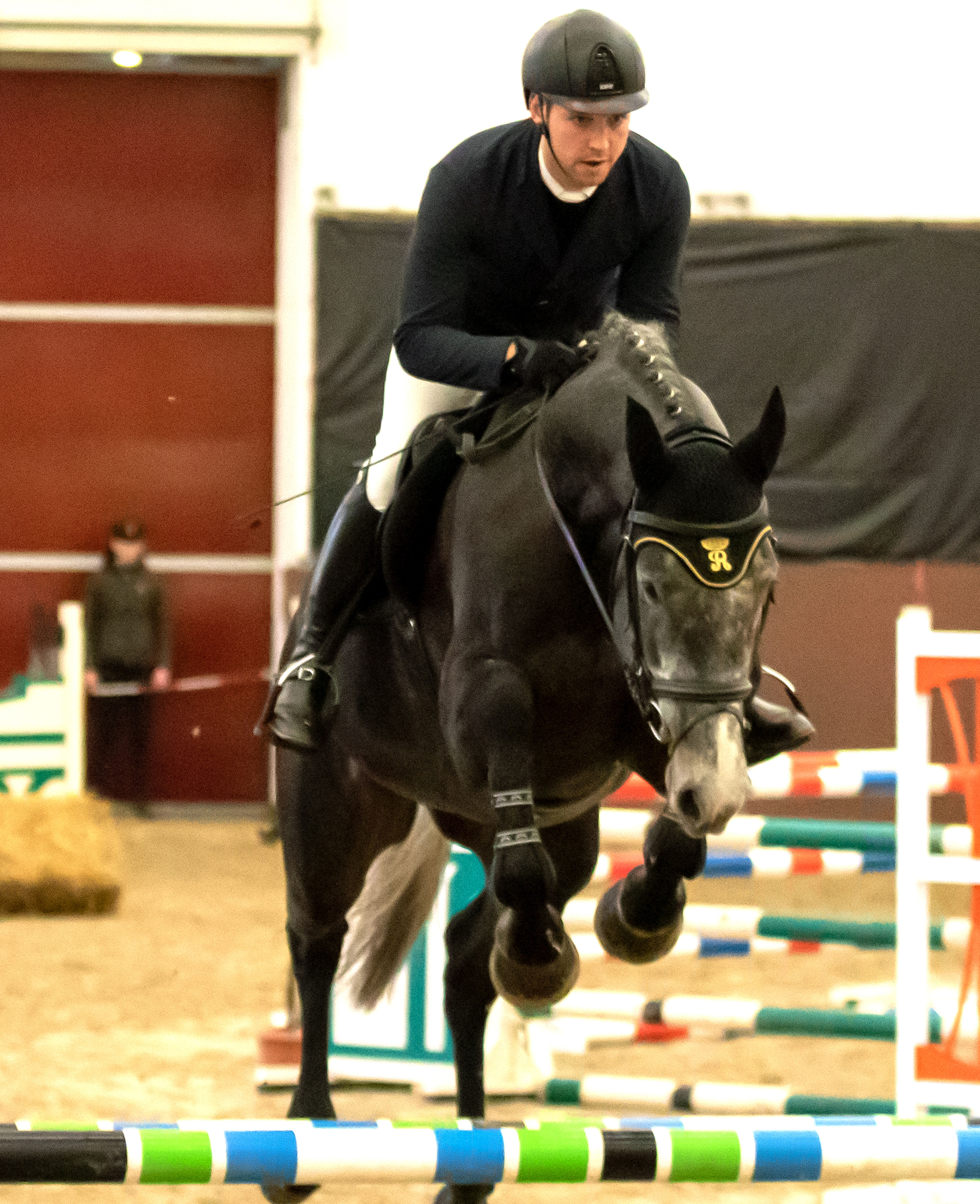 Mit dem 4-jährigen Redefiner Hengst Corfield (v. Cellestial x Canoso) gewann Maximilian Gräfe die 1. Abteilung der Zwei-Sterne Springpferdeprüfung Klasse A beim Turnier in Redefin. © KaLo