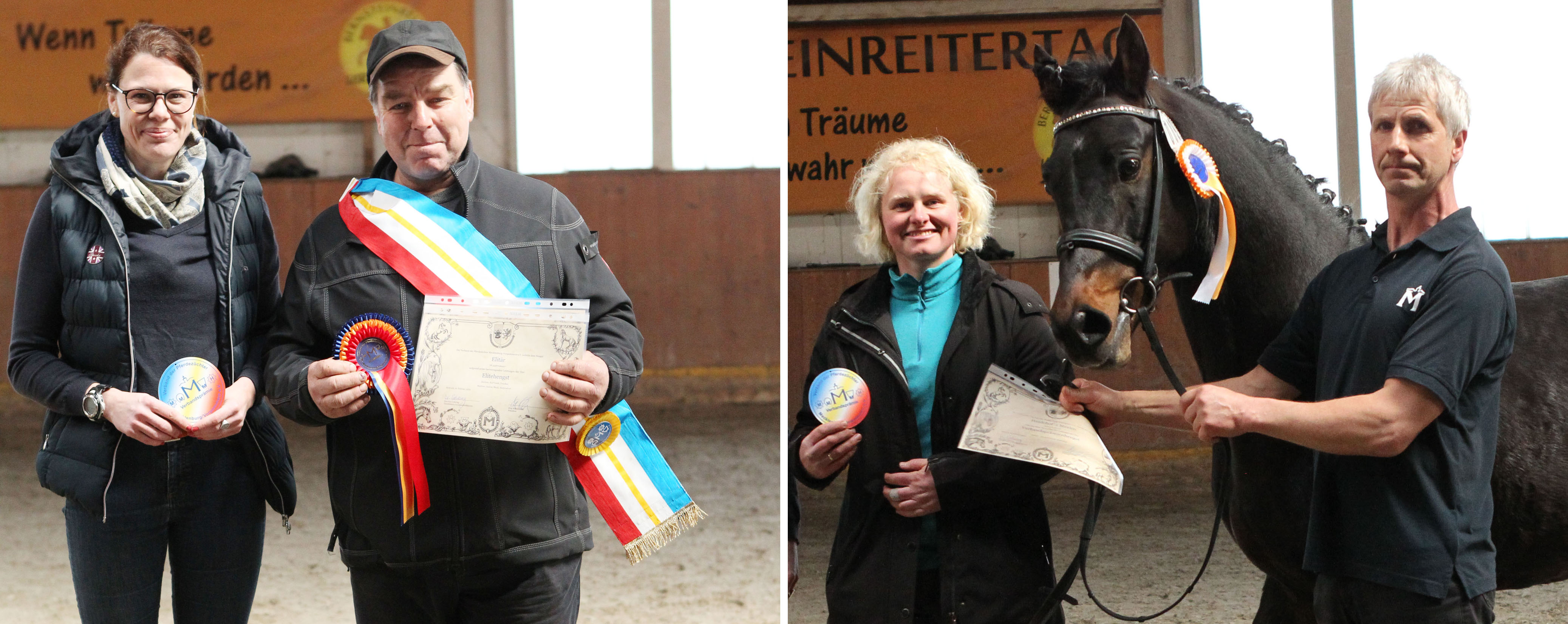 Für die Prämierung aufgrund züchterischer Leistungen der Hengste Hero, Elitär und Heidehof's Mexiko (r. mit Uwe Baranowski) überreicht Zuchtleiterin Karoline Gehring Andrée Bleck und Elisabeth Wrede Urkunden und Plaketten. © Jutta Wego