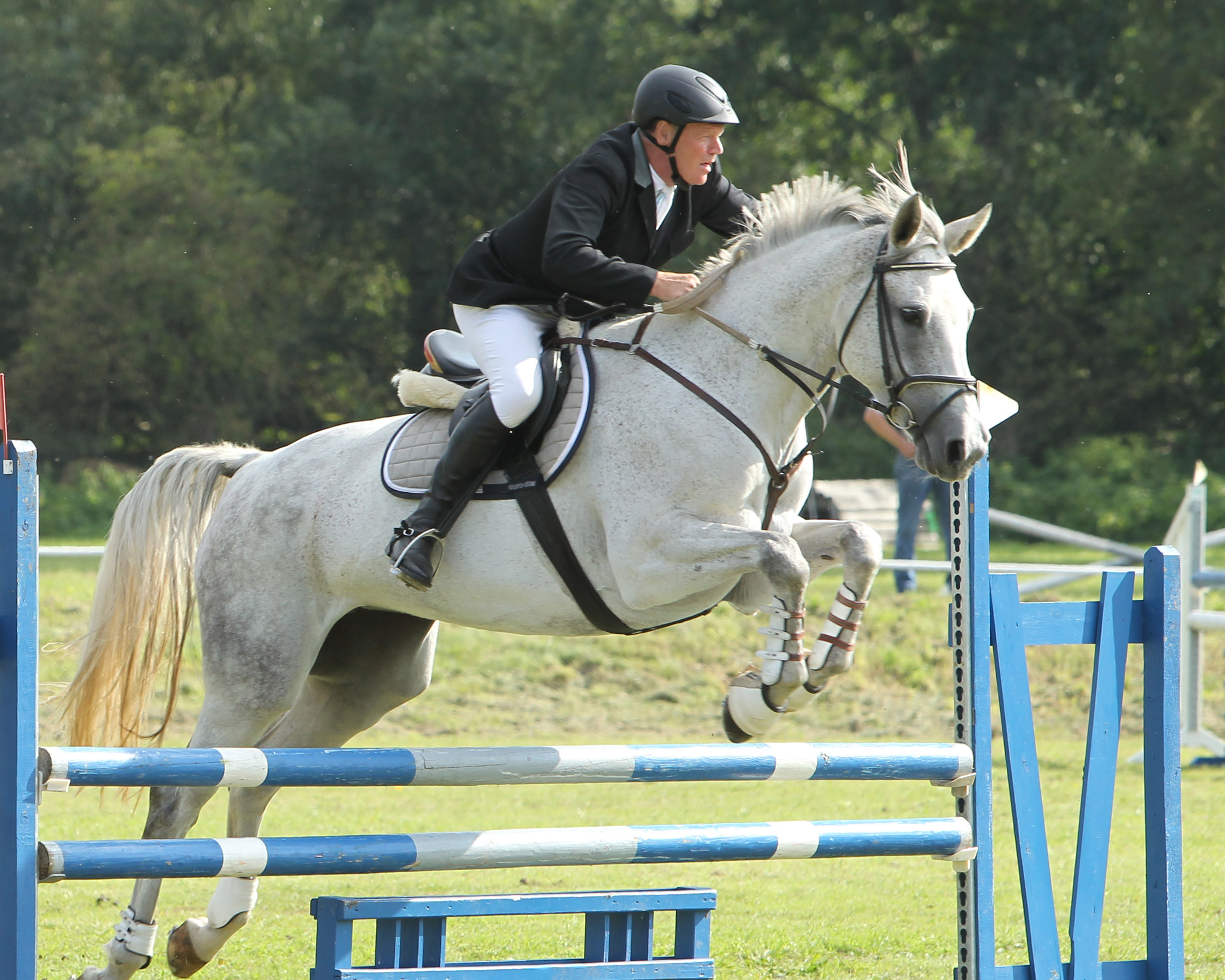 Der 68-jährige Hennig Osterloh aus Laage hat mit seiner selbstgezogenen 10-jährigen Stute Cesana (Foto) beide Springen der kleinen Tour beim Senioren-Cup Turnier in Spoitgendorf gewonnen und mit Cerino eins der großen Tour. © Jutta Wego