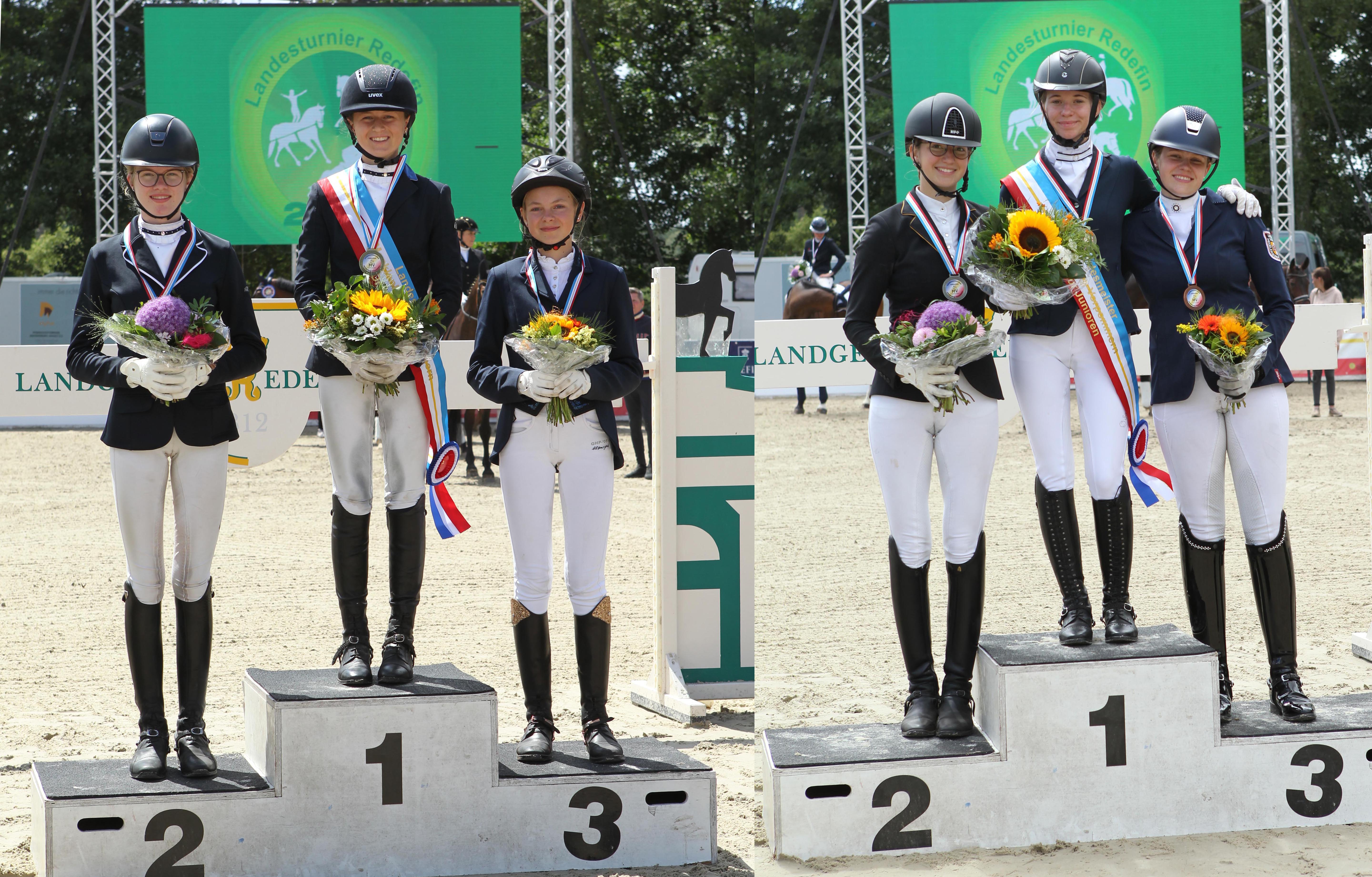 Links: Dressur U14 Medaillen: 1. Esther Stinshoff, 2. Charlotta Justine Hagge, 3. Lana Aliyah Gutgesell. Rechts: Dressur U18 Medaillen: 1. Carolina Romanowski, 2. Lana Marie Külper, 3. Juliane Scheibler. © Jutta Wego