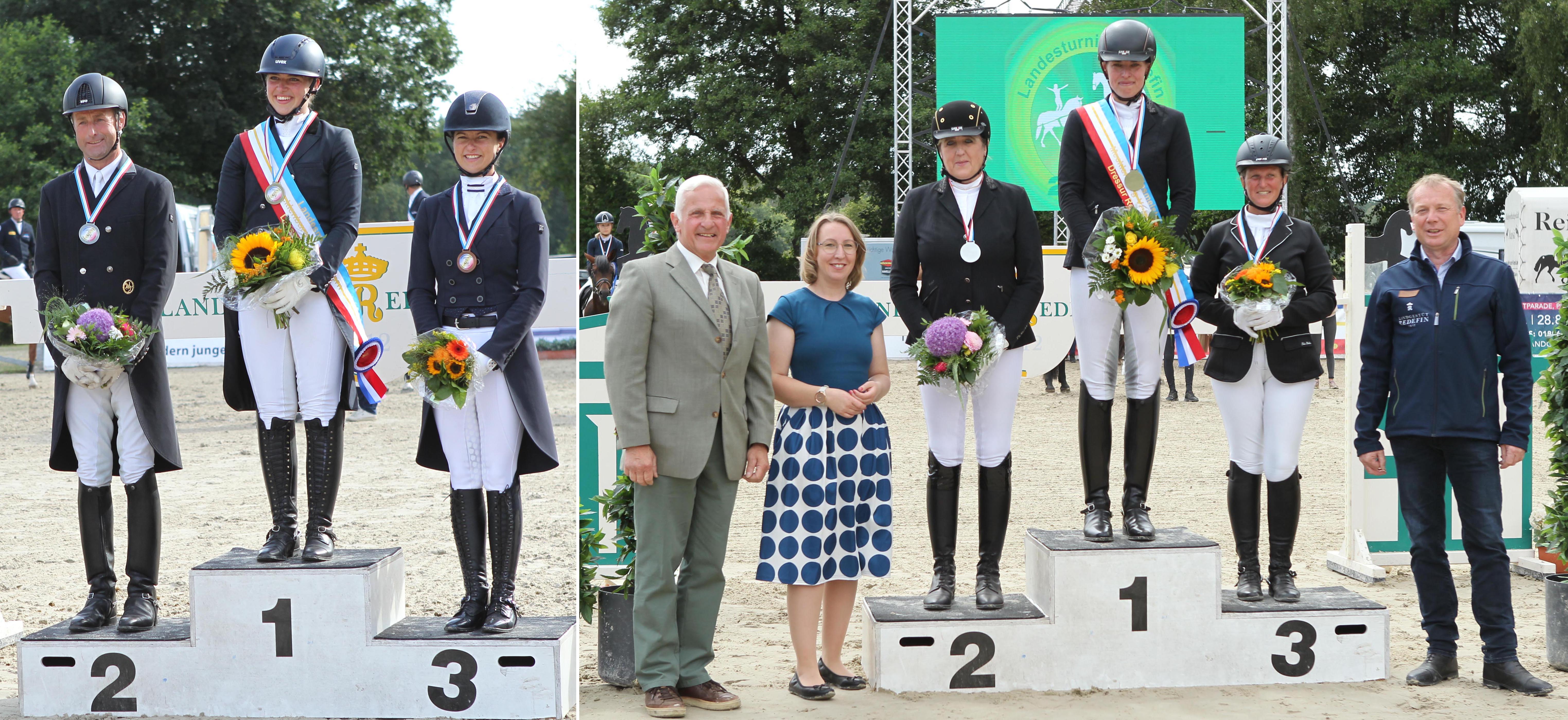 Links: Dressur off. S-Kl. Medaillen: 1. Katharina Wiegert, 2. Ronald Lüders, 3. Susanne Voss. Rechts: Dressur U14 Medaillen: 1. Ina Schmidt, 2. Angelika Vielhaus, 3. Andreas Gebriel-Vogt. Gratulanten Dr. Burkhard Dittmann, Dr. Elisabeth Asmann, Christoph Seite.© Jutta Wego