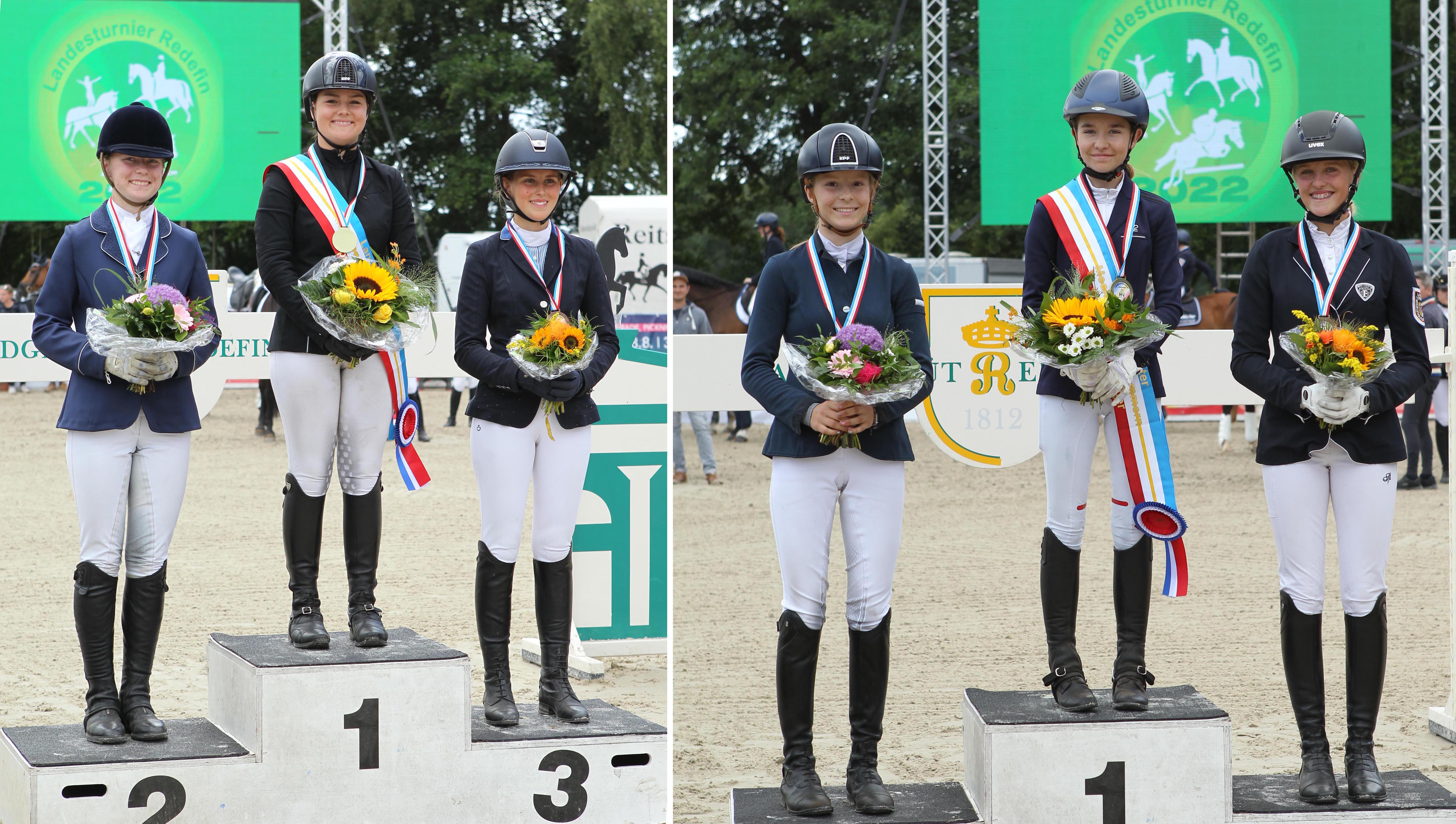 Links: Springen U16 Medaillen: 1. Pauline Ena Schulz, 2. Isadora Bütow, Celina Makowei. Rechts: Springen Pony Medaillen: 1. Chiara Chantal Schmidt, 2. Anne Liese Maas, 3. Nele Wunderberg. © Jutta Wego