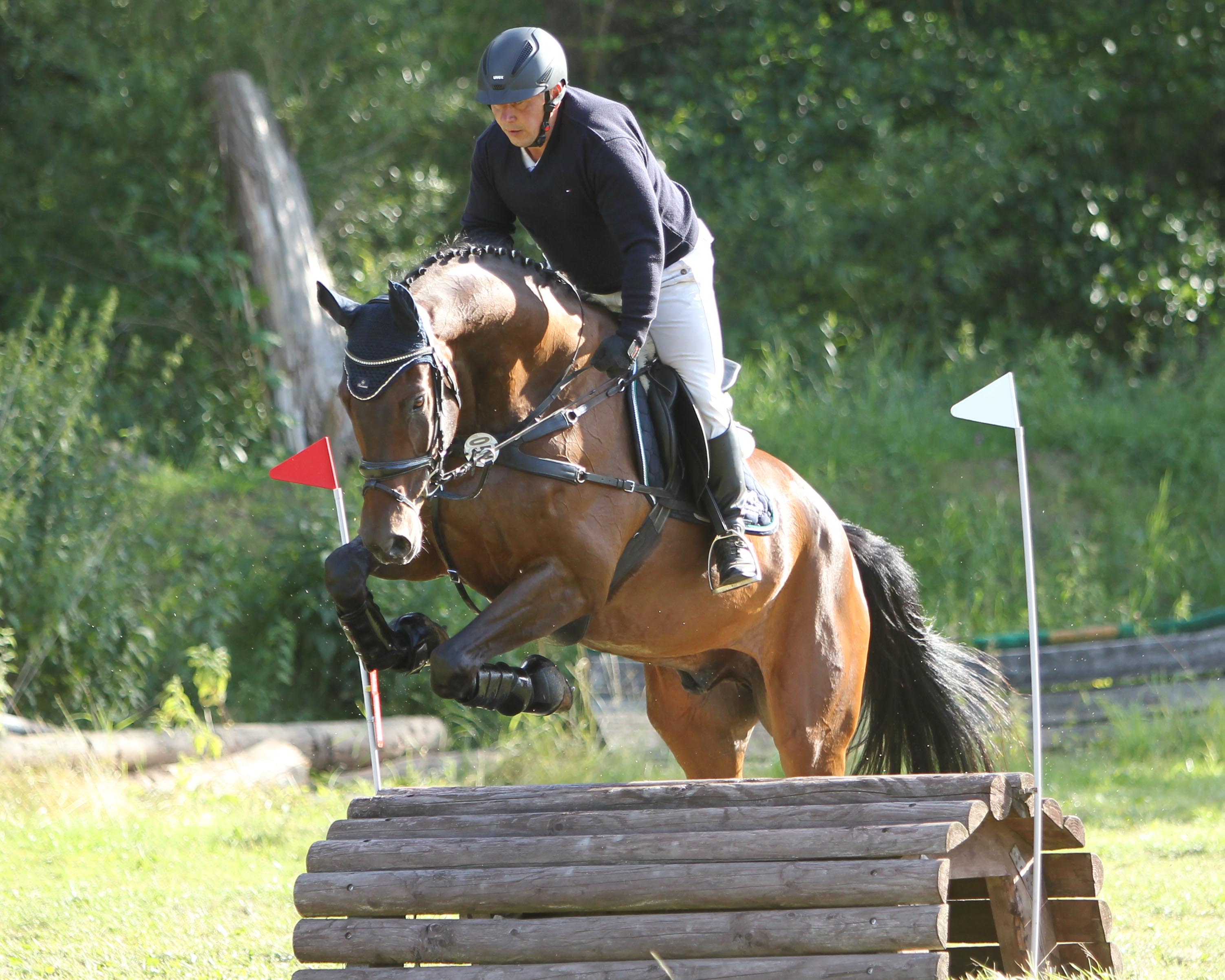 Turnierleiter Enrico Finck ist in allen Sätteln zu Hause und gewann bei seinem Hausturnier mit Gemmy K die offen ausgeschriebene A-Vielseitigkeit. © Jutta Wego