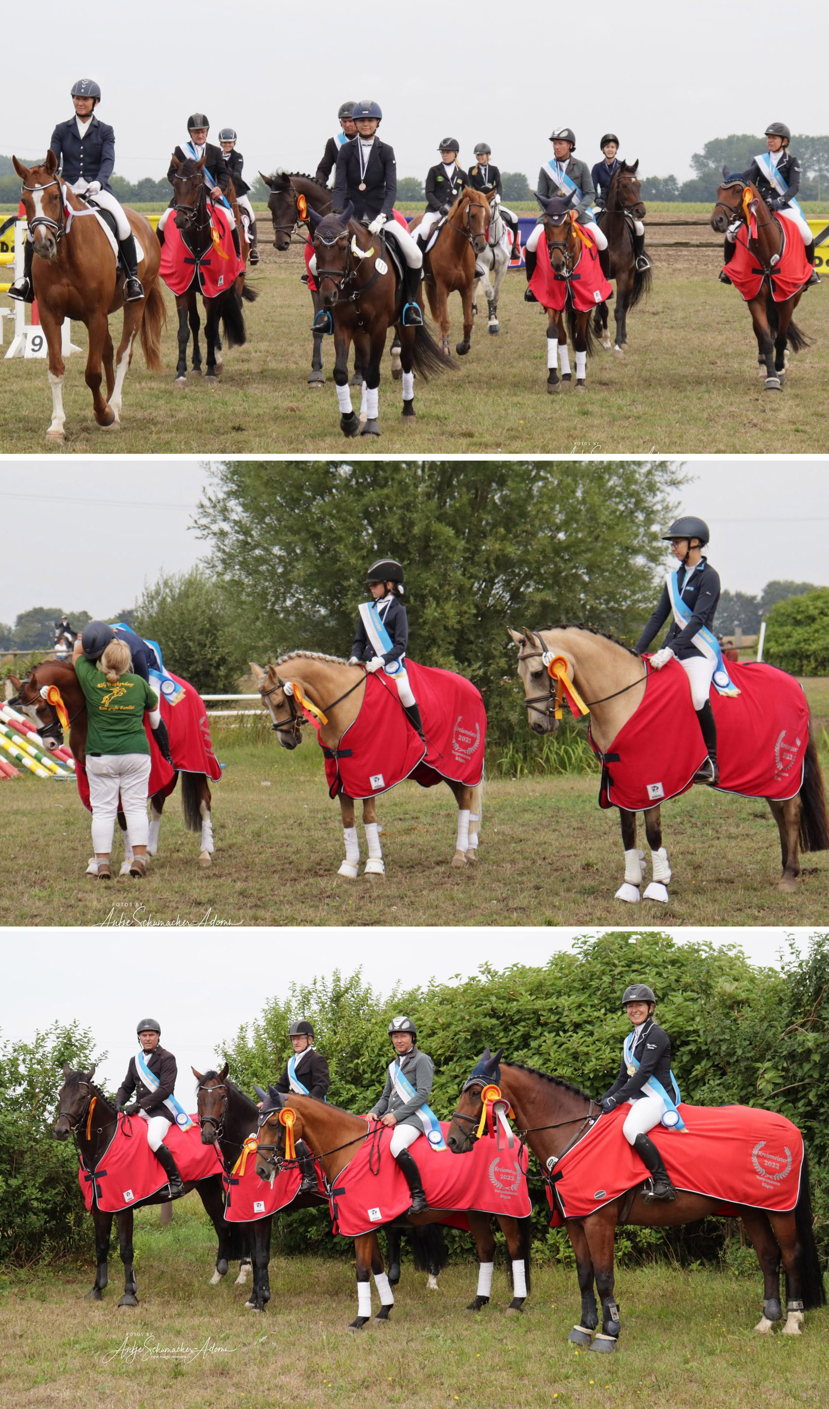 Gute Stimmung beim Einmarsch zur Kreismeisterehrung.Reiterbundvorsitzende Birca Roos herzt Jana Lubs, die die Zingster Siegermannschaft anführte, daneben Lola Marie Bittner mit Carlito und Sophia Range mit Go West.Aufstellung der Siegermannschaft von der RSG Wöpkendorf im Springen: v. l. Daniel Grawe mit Cantur, Walter Roos mit Carney, Martin Strobelt mit Cantalou und Anne Grawe mit Clinten. © Antje Schumacher-Adoms