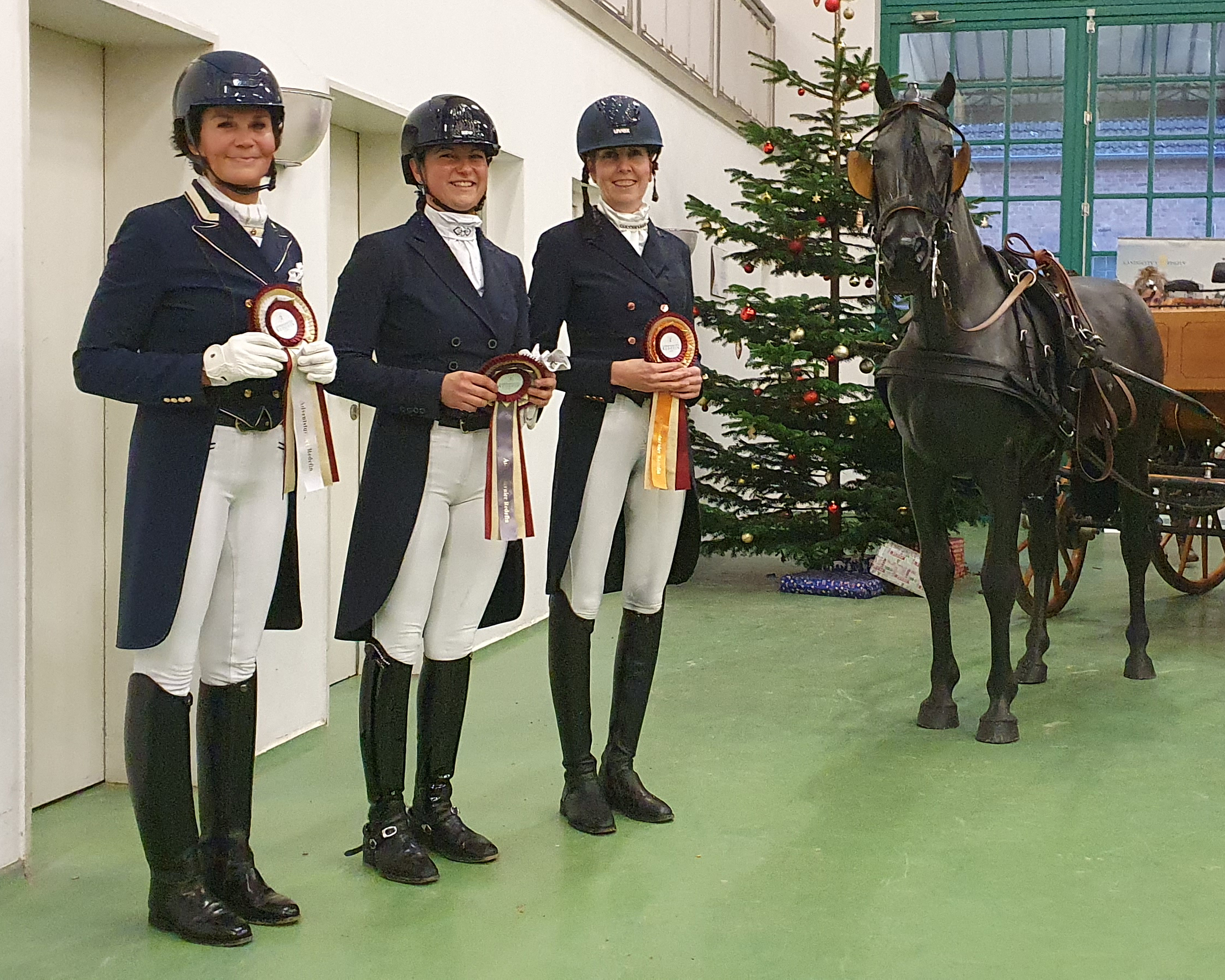 Aufstellung es Damentrios zur Siegerehrung im Prix Sankt Georg in der adventlich geschmückten Reithalle: v.r. Siegerin Christina Thieme (Redefin), 2. Susanne Voß (Güstrow), 3. Karen Böckmann (Lastrup). © Jutta Wego