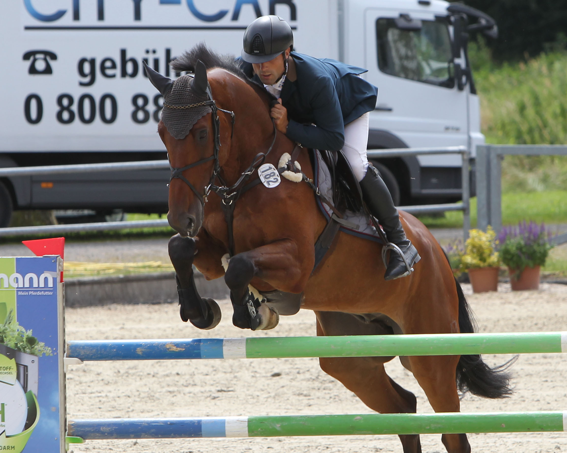 Der 12-jährige Chacco P (Chacco-Blue/Cellestial), gezogen von Hartmut Pagel (Fünfseen), ist 2022 das erfolgreichste Mecklenburger Pferd. Hier mit Marcel Buchheim aus Suhlendorf. © Jutta Wego