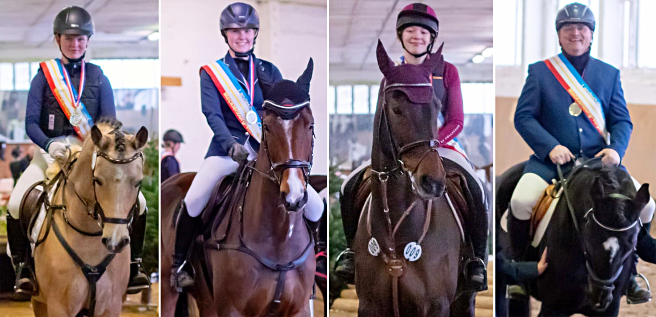 Die Sieger im Hallen-Championat der Vielseitigkeit: v.l. Leoni Schulz (Poeler SV 1923) Ponyreitermit Coco Dream IP, Helene Fischer (RV Zehlend.-Recknitzt.) Children U16 mit Gemmy K, Emely Range (RSG Wöpkendorf) Nachwuchsreiter U25 mit Gustav Be, Christian Zehe (RFV Groß Lüsewitz) Ü40 Amateure mit Coco Island. © KaLo