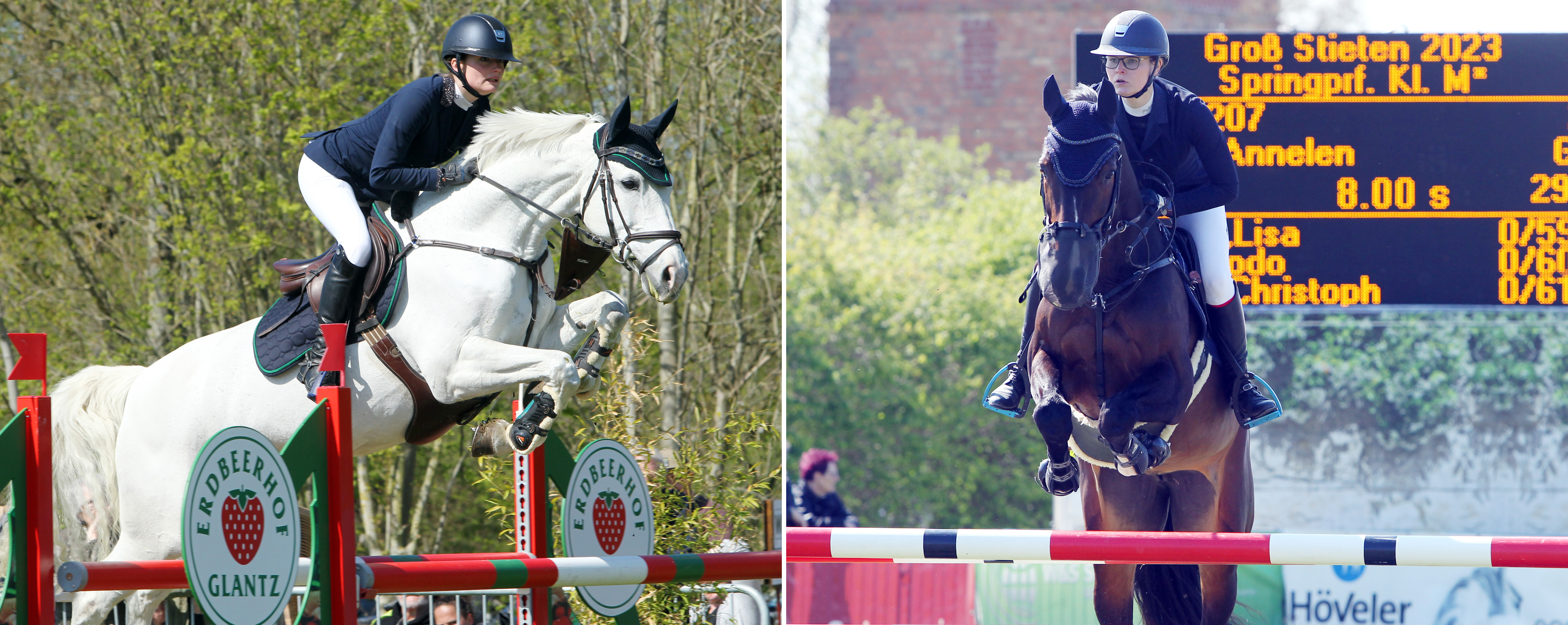 Die beiden Abteilungen M1*-Springen am Samstag gewann zwei Pferde die zusammen in Kirch Rosin in einem Reitstall stehen. Links Hermine Bandt mit Easy Electra Mo (Kastanienhof Cramon), rechts Annelen Heinrich mit Dorado (RSV Polzow). © Jutta Wego