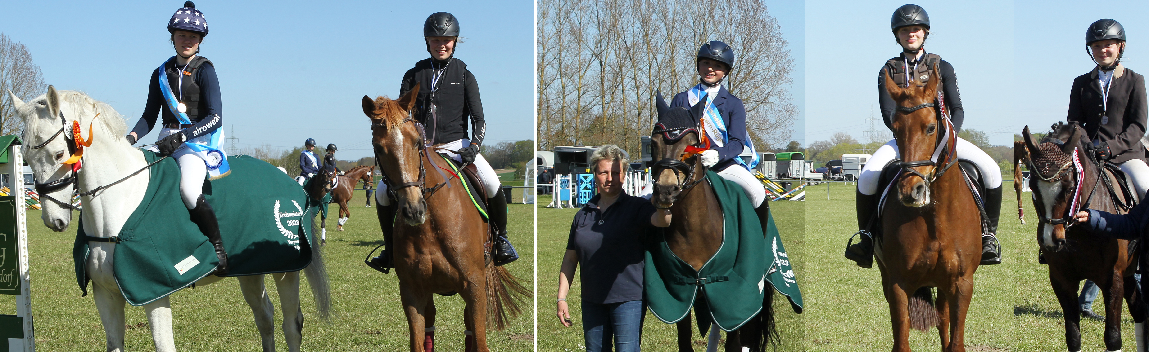 Die Medaillengewinner der Kreismeisterschaft im Vielseitigkeitsreiten des Reiterbundes Vorpommern-Rügen v.l.: Ü16 Annelie Kühl mit Basmati (Gold), Maja Lina Rohlfing mit Incy Wincy (Silber); U16 Mara Hartmann mit Beyonce at Little Uncle (Gold), Carla Witting mit Donna Lüttchen (Silber), Johanna Waydelin mit Goldfee (Bronze), alle von der RSG Wöpkendorf. © Jutta Wego