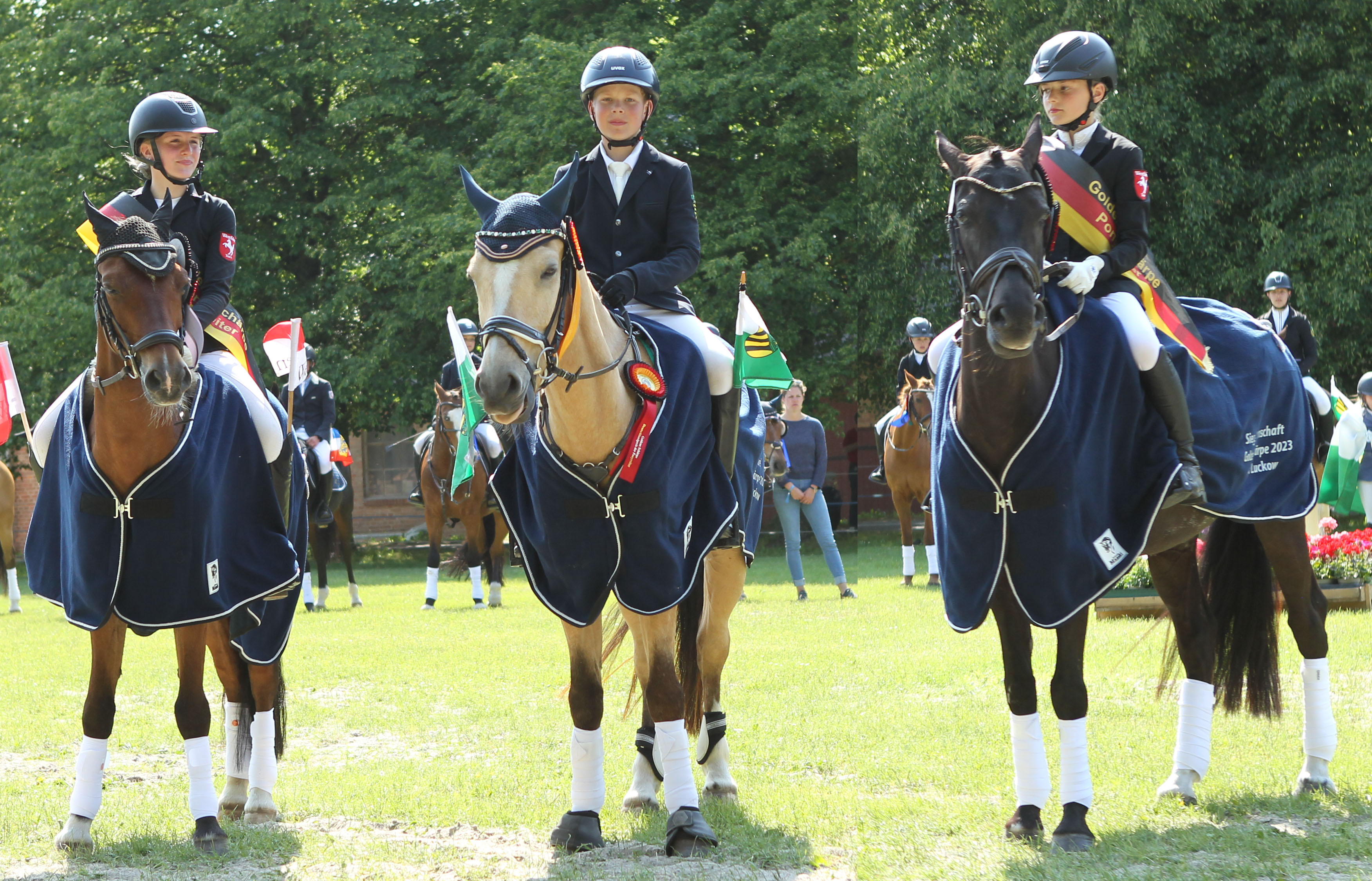 Der Sieger Oscar Gründel aus Sachsen und die zweit- und drittplatzierten Westfalen Lea Brügger und Frieda Schulze Zurmussen in der Einzelwertung der 1. Abteilung. © Jutta Wego