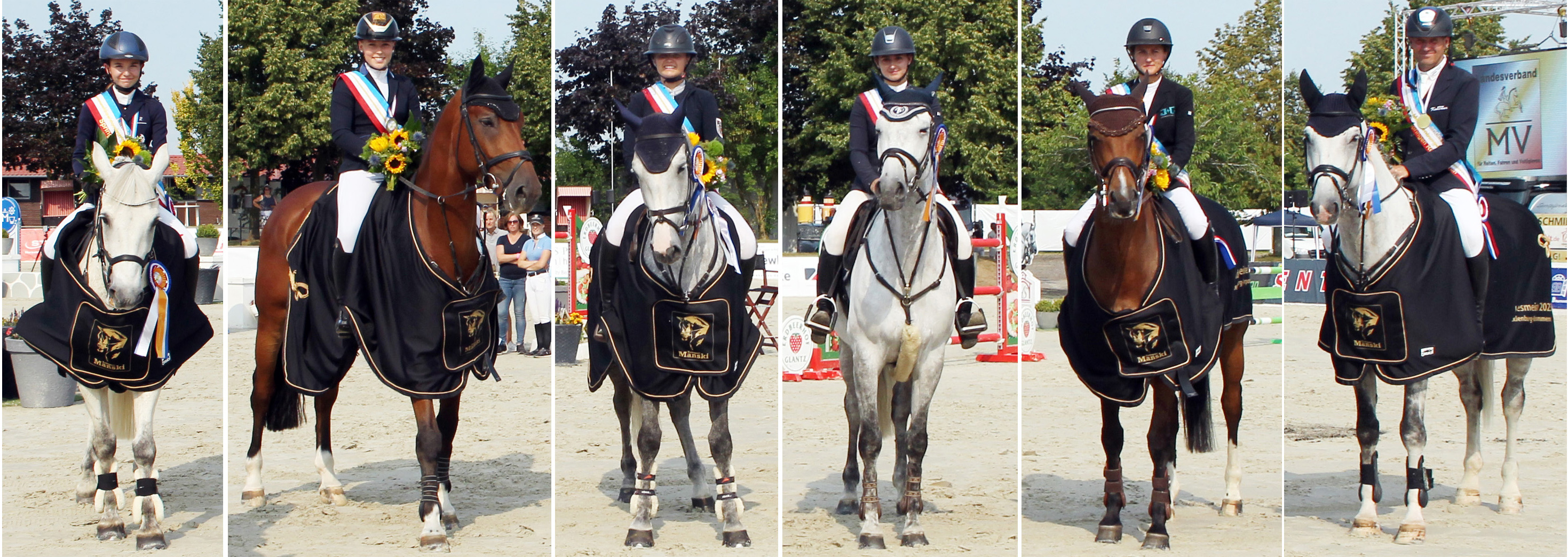 2023 wurden die Landesmeister im Springen zur Zufriedenheit aller erstmals in Neu Benthen ermittelt: v.l. Chiara Chantal Schmidt (Pony U16), Linea Makowei (Children U16), Tessa Leni Thillmann (Junioren U18), Rica Marlene Scholz (Nachwuchs U25), Anna Ebel-Jürgens (Damen), André Thieme (offene S-Klasse), Anke Schüler (Amateure Ü40 - nicht im Bild). © Jutta Wego