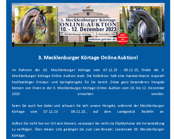 3. Mecklenburger Körtage Online Auktion!