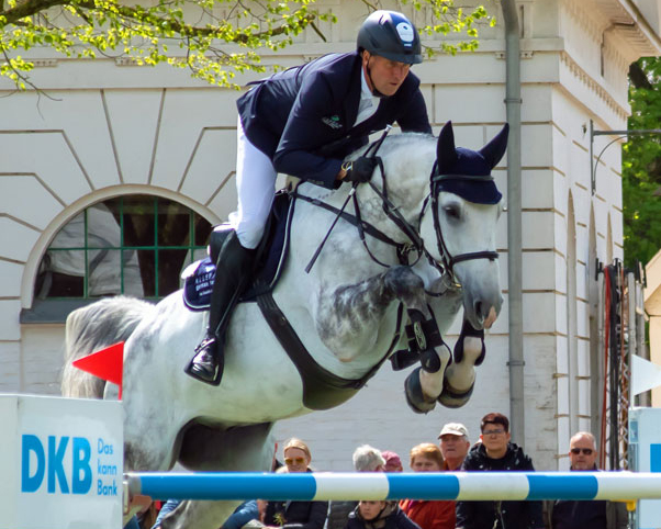 André Thieme (Plau) hat den Hauptanteil am Gewinn von 41.508 Euro des Schimmels Candid (Cellestial / Converter) aus der Zucht von Lothar Guse (Langen Brütz), der im Ranking der Springpferde den 5. Platz einnimmt. © Jutta Wego