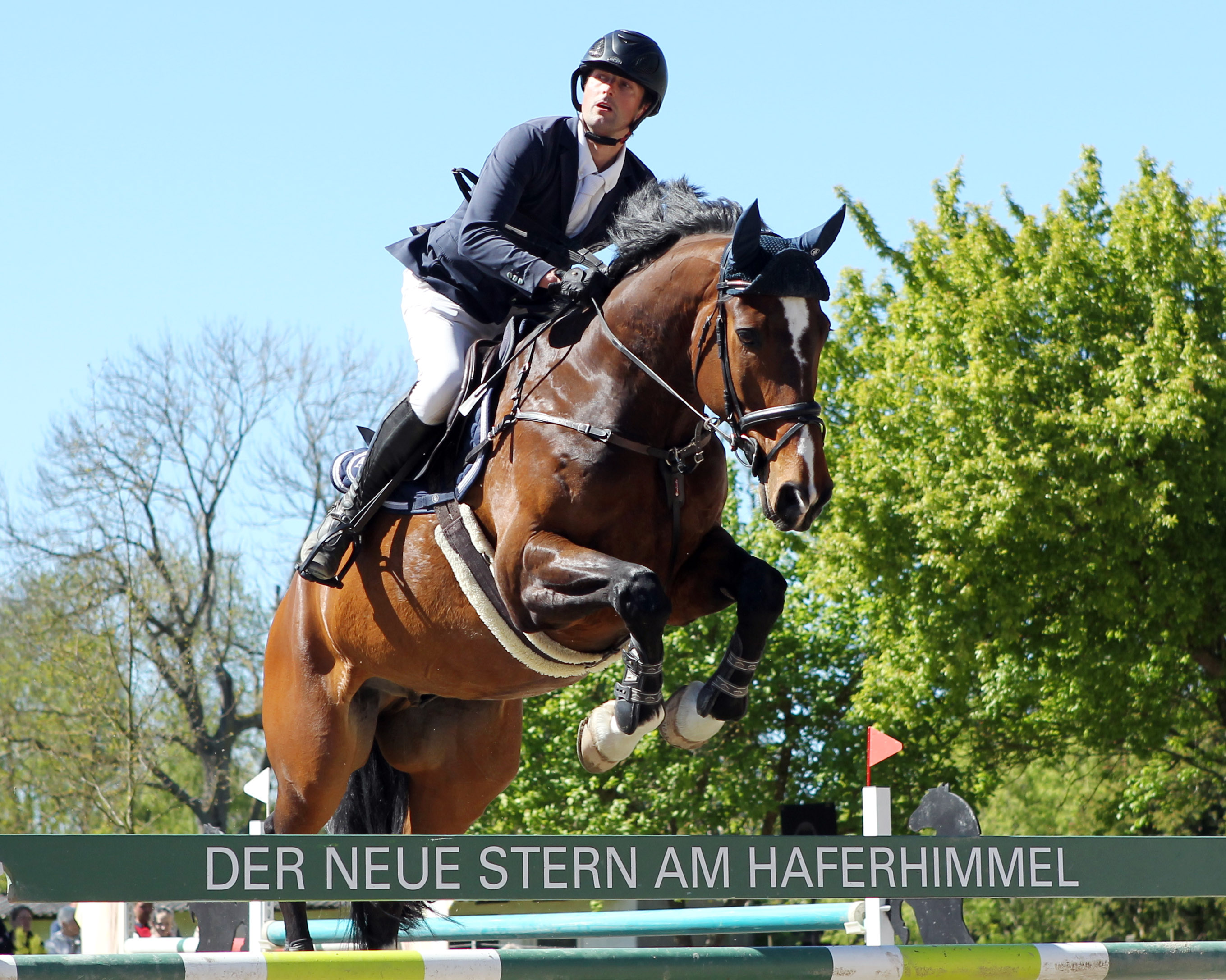 Noch über dem letzten Sprung schaut Philipp Makowei im Großen Preis mit Quester zur Anzeigetafel, in dem er mit vier zehntel Sekunden Rückstand Zweiter wurde, am Samstag aber das Championat von Trent gewann. © J.Wego