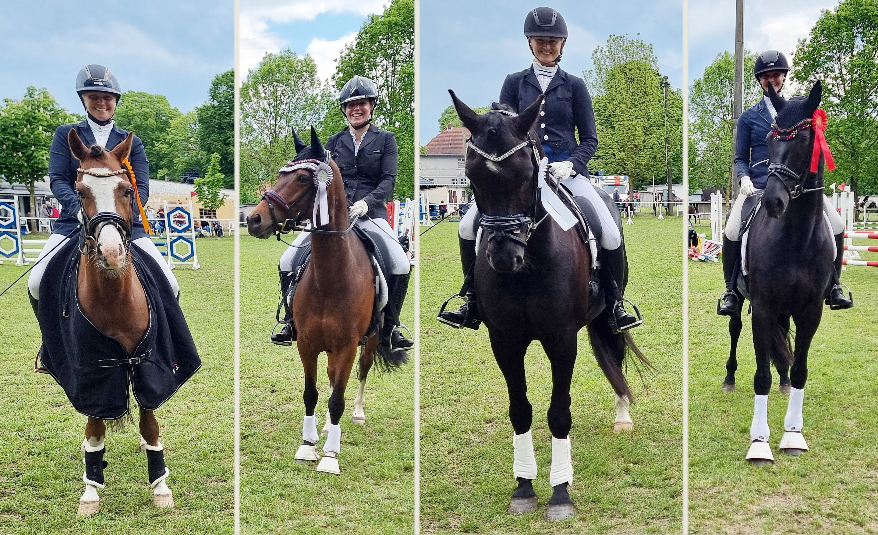 Die platzierten Damen der L-Dressur: Jana Behning mit Diamant Dynasty (Zingst), Tina Steinert mit Disney World, Sara Sykora mit Fürst Fico (beide Dierhagen) und Yvonne Faßbender mit Don Marcello (Dülken-Viersen). © J.Wego