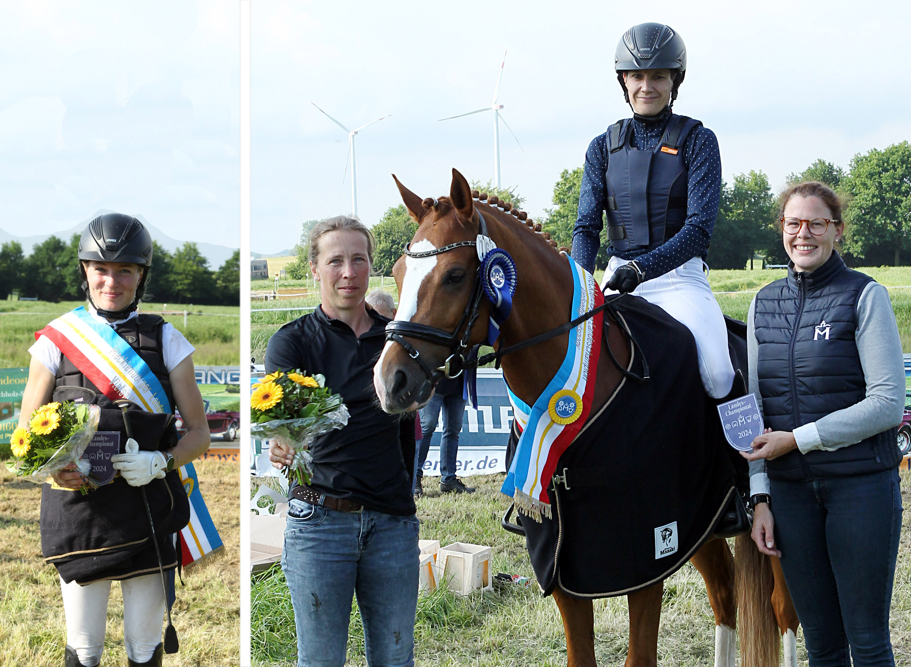 Die Ehrung der zwei Champion Norbit und stellvertretend für Balou’s Olymp dessen Reiterin Paula Fatteicher, nahm Karoline Gehring (Zuchtleiterin und Geschäftsführerin des Pferdezuchtverbandes) zusammen mit Turnierleiterin Mandy Kalis vor. © J.Wego