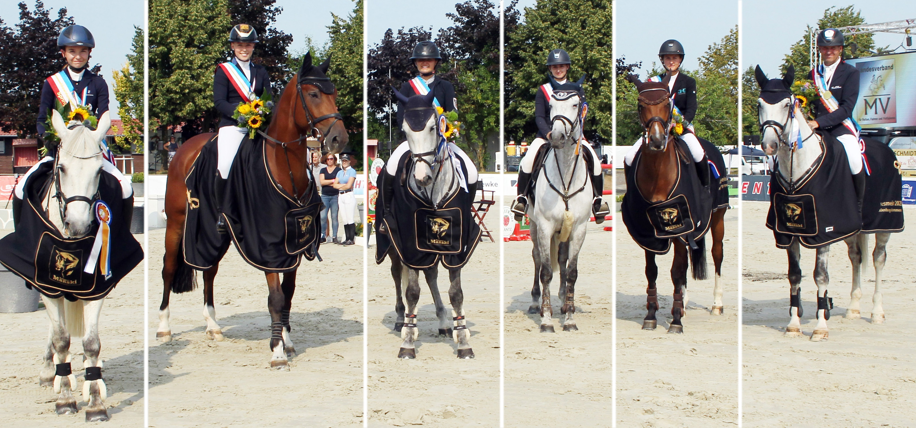 Das sind die Landesmeister im Springreiten von 2023: v.l. Chiara Chantal Schmidt (Sukow-Marienhof) mit dem Connemara Pony Knight Shadow (Ponyreiter U16), Linea Makowei (Gadebusch) mit Calino (Children U16), Tessa Leni Thillmann (Gadebusch) mit Ckick M (Junioren U18), Rica Marlene Scholz (Poel) mit Casadimo (Nachwuchsreiter U25), Anne Ebel-Jürgens (Polzow) mit Chaccolina (Damen), André Thieme (Plau) mit Candid (offene S-Klasse), nicht im Bild Anke Schüler (Gr. Nemerow) mit Dolina (Reiter Ü40). © J.Wego