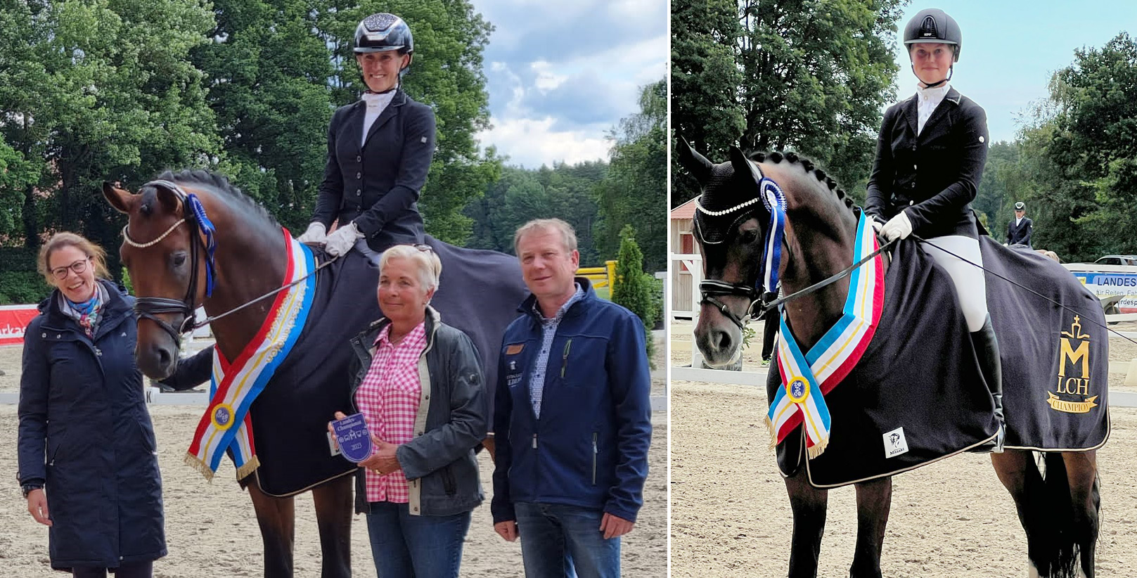 Die Landeschampion der Mecklenburger Pferde des Jahres 2023:Oben die Springpferde v.l. Coman (4j. v. Conrrico) mit Christoph Maack (Kirch-Mummendorf) der auch der Züchter ist, Las Cruses (5j. v. Last Man) mit Nele Eisenberg (Redefin), Züchter Bodo Holtz, Plau, Bella (6j. v. Balou Peggio) mit Paul Wiktor (Trent), Züchter Frank Froh, Hagenow. Unten die Reit- und Dressurpferde: Zuchtleiterin Caroline Gehring, Präsidiumsmitglied Patricia v. Mirbach und Christoph Seite (ehemaliger GF im Landgestüt Redefin) gratulieren Libuse Mencke und Ann-Christin Mehl (r.) zu ihren Landeschampion Donaudiamant (Reitpferde) von Donauschall (Züchter Gestüt Ganschow) und Falegro (Dressurpferde) von Ferbellin (Züchter Kathrin Egner, Dierhagen). © J.Wego
