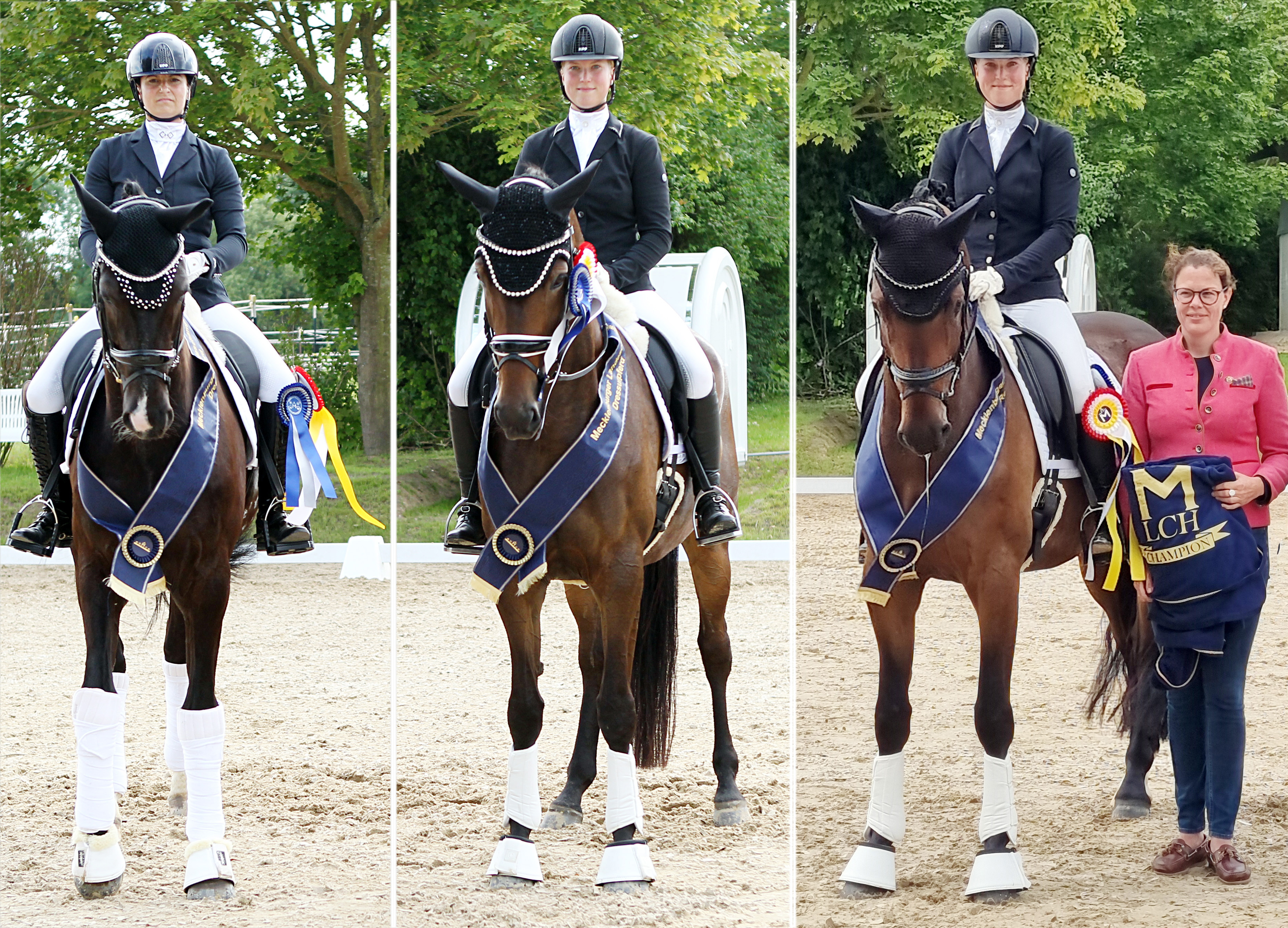 Karoline Gehring, Zuchtleiterin im Verband der Pferdezüchter MV, zeichnet die Mecklenburger Landeschampion aus: v.r. Royal Romantico K (4-j. Reitpferd), Inkognita (5-jähriges Dressurpferd (beide mit Ann-Christin Mehl (Zingst) im Sattel und Black Hope (6j. Dressurpferd) mit Susanne Voß (Güstrow). © J.Wego
