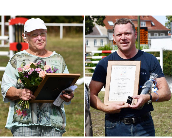 Renate Weber und Maik Osterloh vom RV Güstrow wurden anlässlich des Springturniers 2024 vom Landesverband Pferdesport mit den Ehrennadeln in Gold und Silber ausgezeichnet. © Anne Reichelt