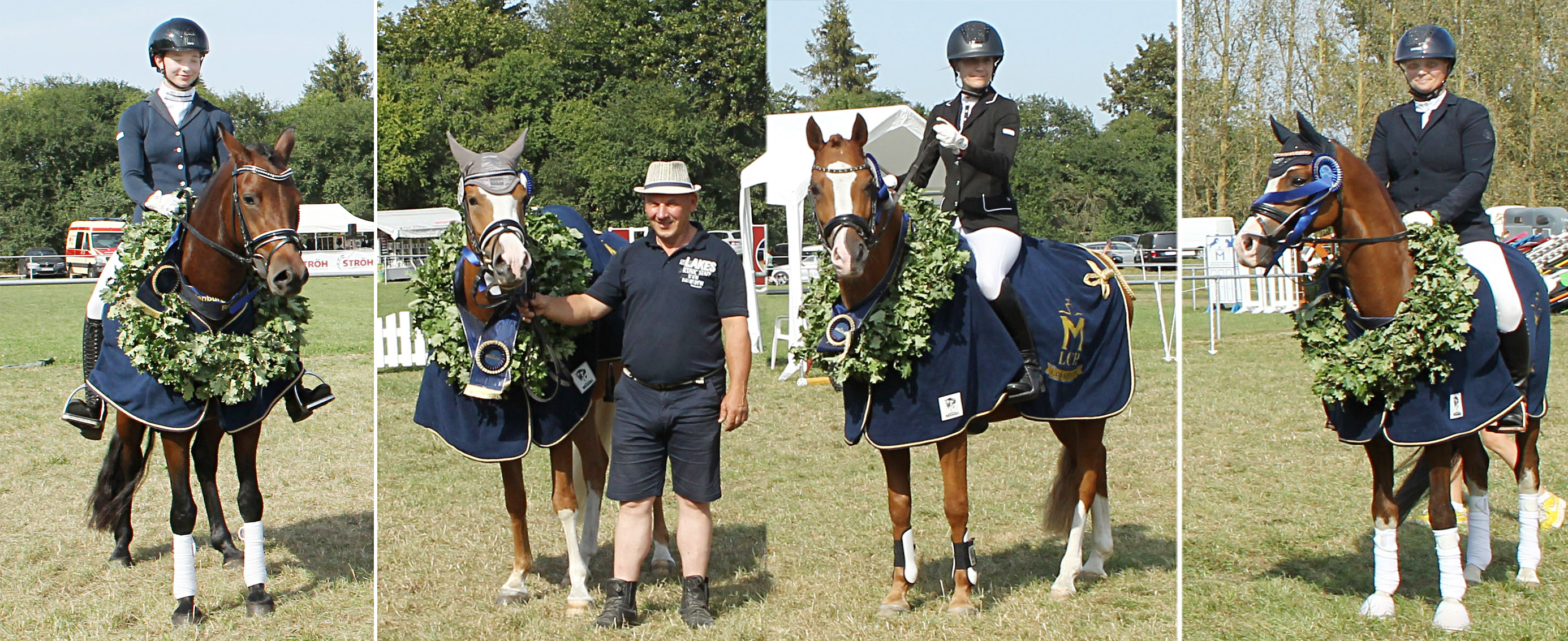 Die vier neuen Pony-Landeschampion: v.l. Nanu-Nana CR (v. Nancho’s Golden Star) LCH 3j. Reitponys mit Carolina Romanowski, Dahja (v. Ducati) LCH 4j. Reitponys mit Enrico Finck an der Hand, Norbit (v. Nusseis vM) LCH Springponys mit Manuela Granzow, Ille’s Boddenkieker (v. Baumann) LCH Dressurponys mit Jana Behning. © J.Wego