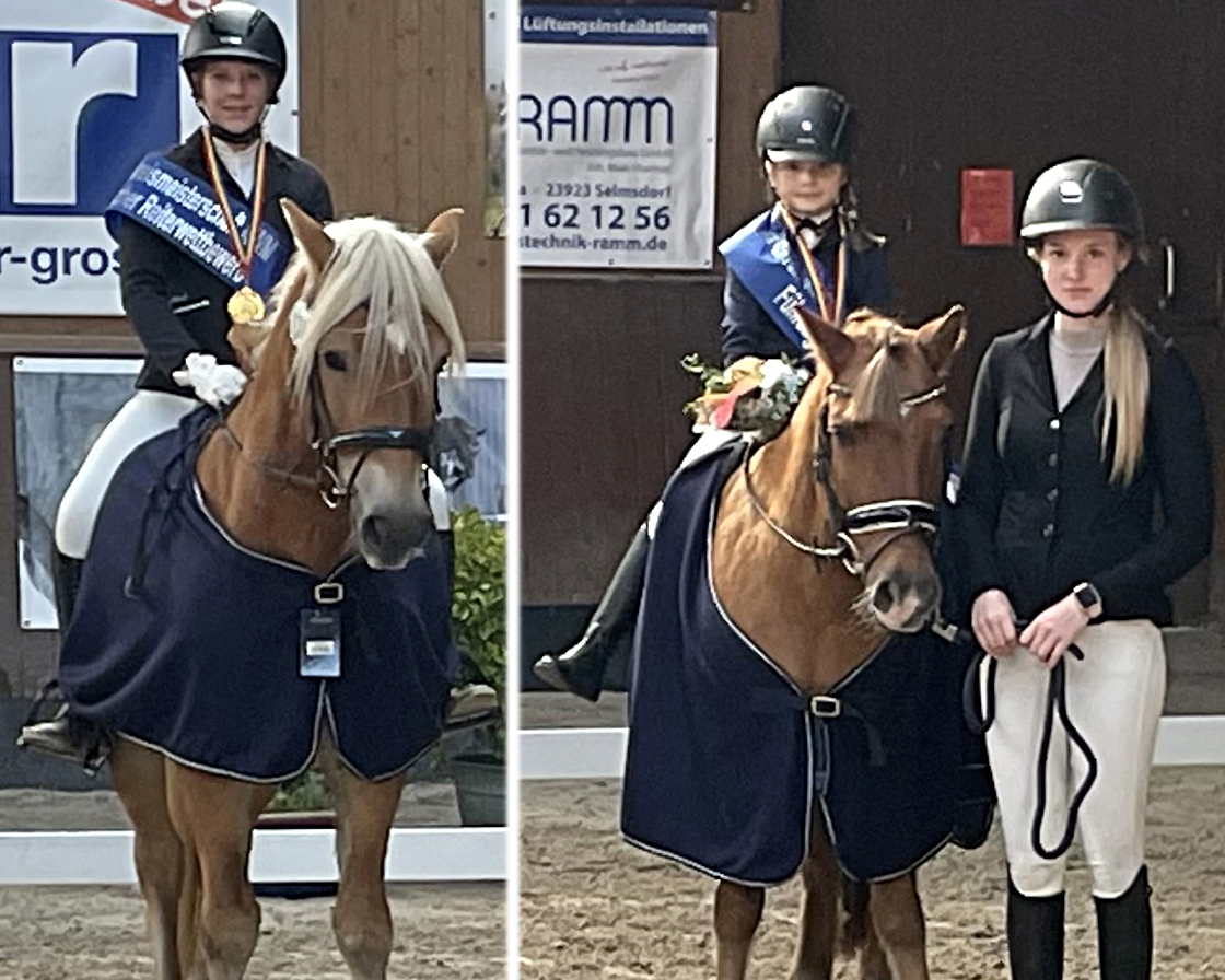 Die Kreismeisterinnen im Führzügel-WB (r.) Magdalena Wössner mit Thiago und im Einfachen Reiter-WB Zoe Wintjen mit Warino. © G.Habenstein