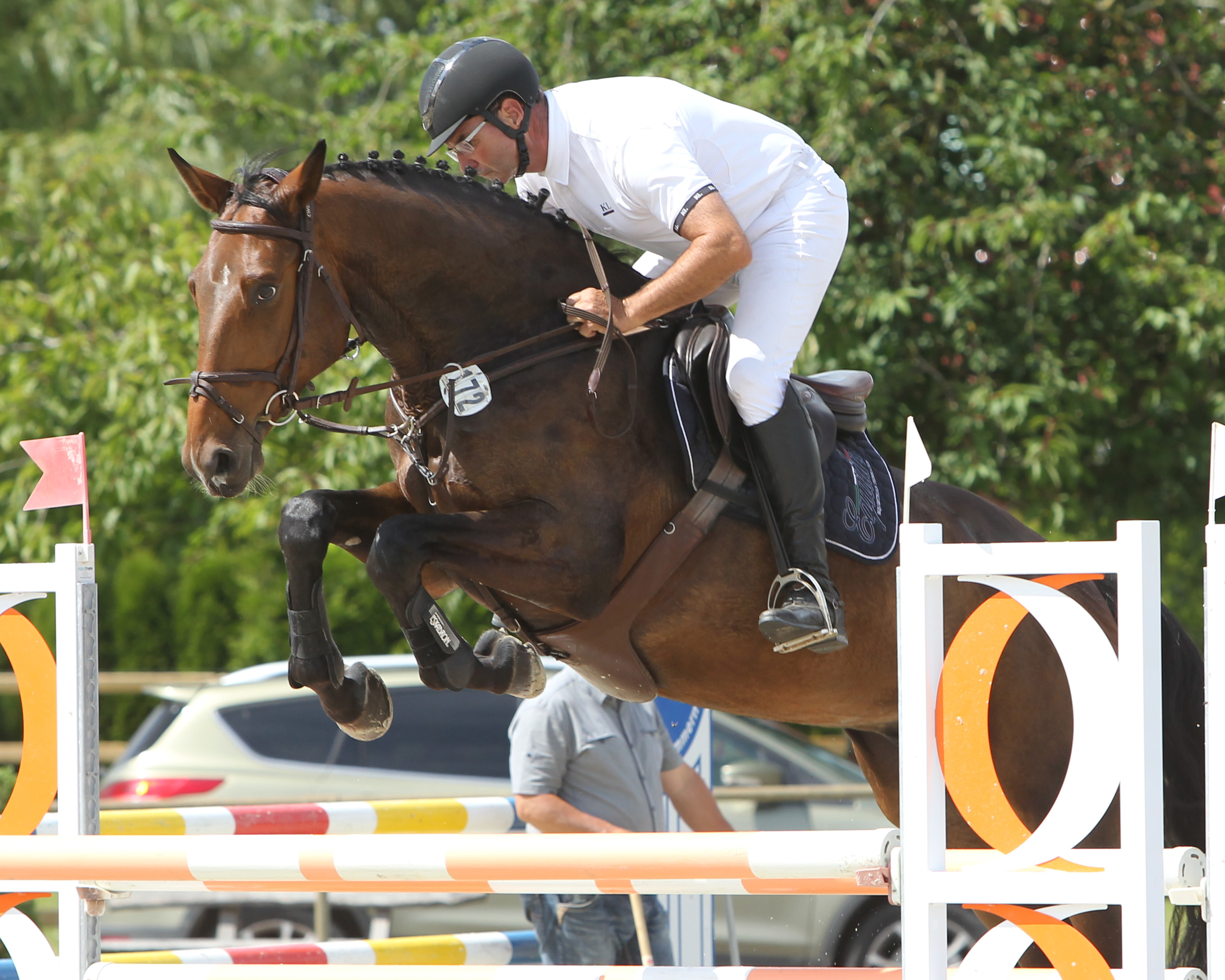 Hausherr Olaf Jürgens wurde im Großen Preis Dritter und ritt den 7-jährigen Collorado (Foto) im Youngster-Springen Klasse M auf den 2. Platz. © J. Wego