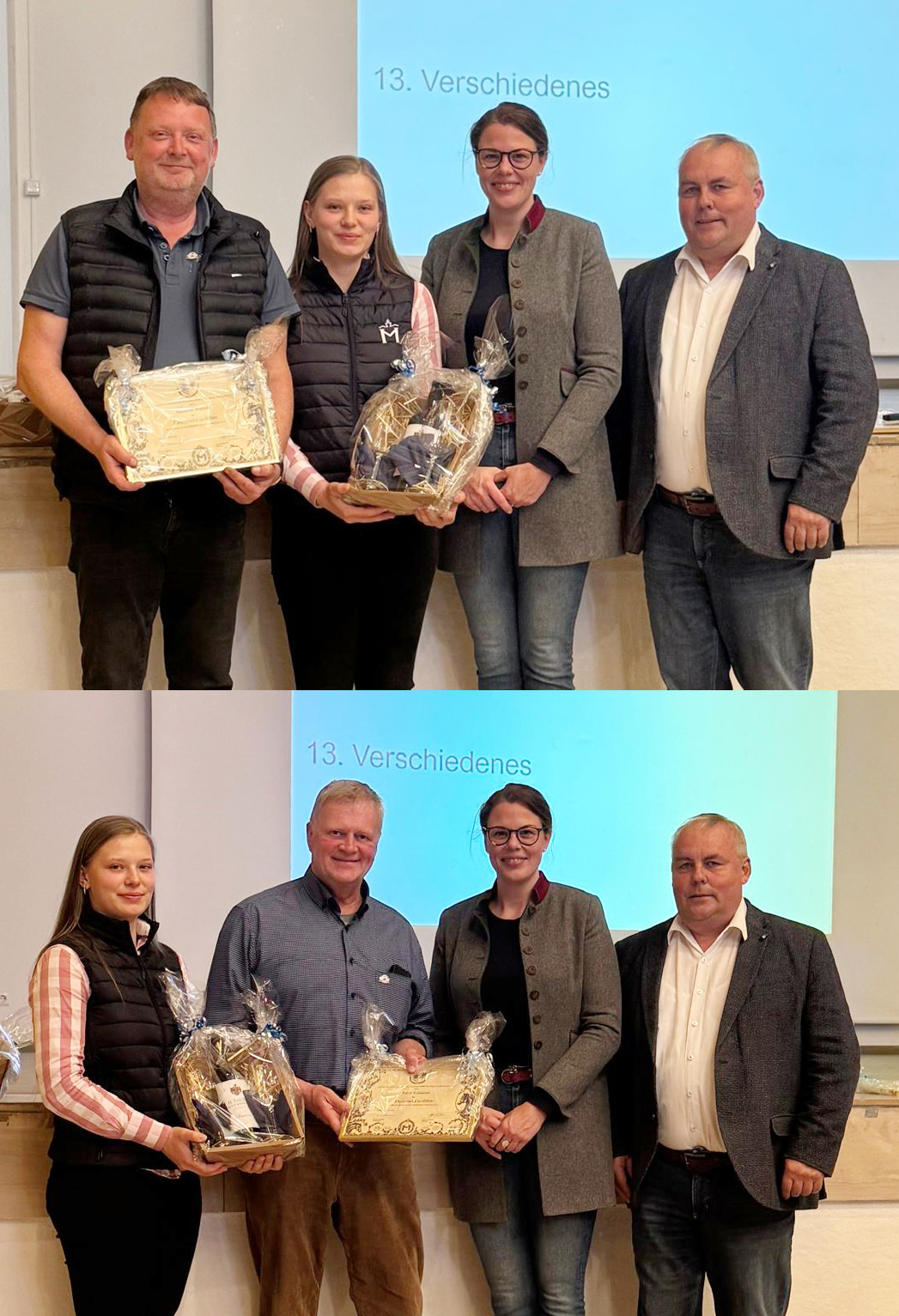Für ihr großes Engagement zum Wohle des Verbandes der Pferdezüchter Mecklenburg-Vorpommern erhielten Andreas Manski, Betreiber des gleichnamigen Reitsportfachgeschäftes und der Cavallo-Arena in Güstrow (oben links) und Peter Vollmers, Inhaber des Kempke Hofes in Plaaz (unten 2.v.l.) aus den Händen des Präsidenten Jörg Hasselmann (r.), der Zuchtleiterin/Geschäftsführerin Karoline Gering (2.v.r.), assistiert von Jungzüchterin Sina Retter, die Ehrennadel des Verbandes in Silber. © D.V.