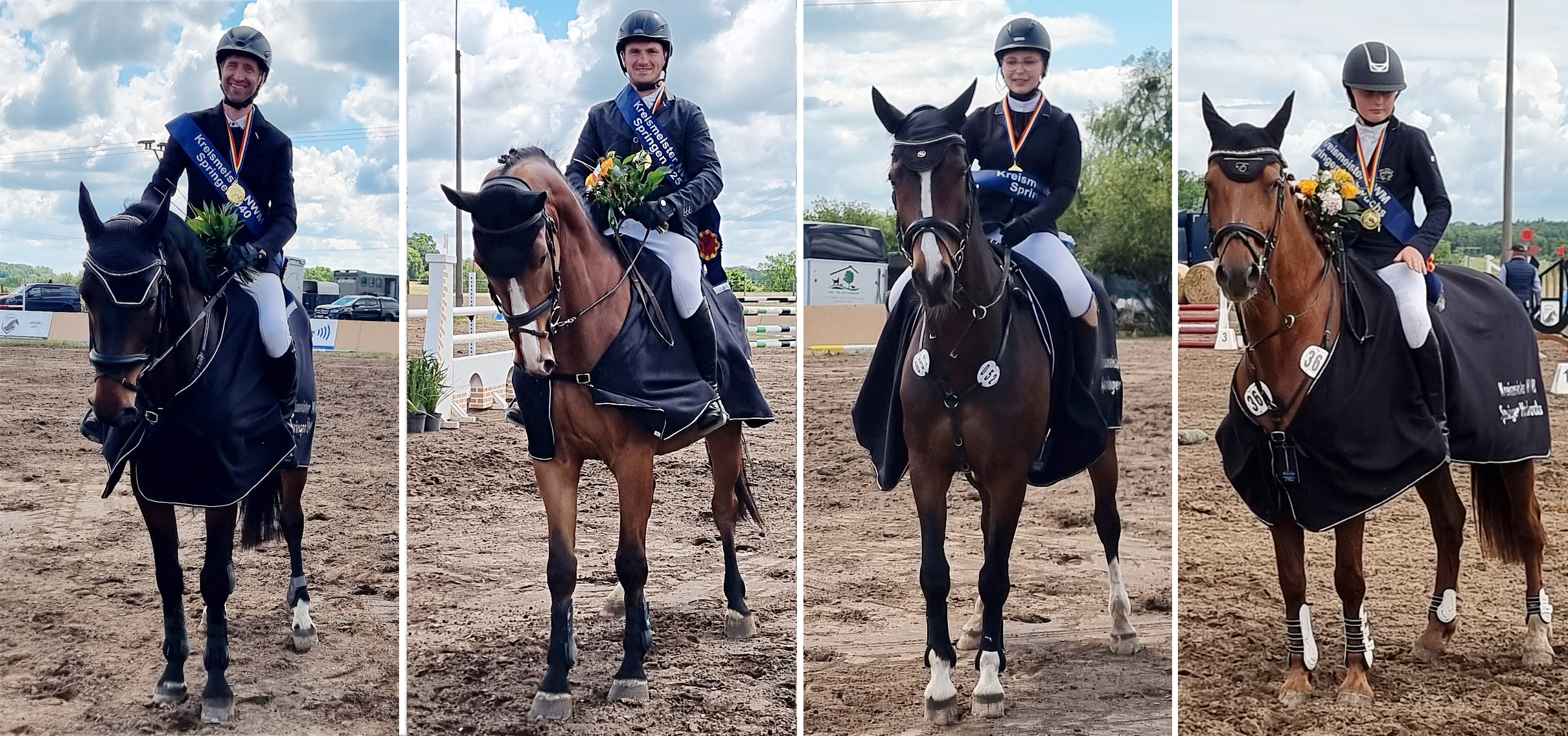 Die neuen Kreismeister des KRB Nordwestmecklenburg im Springen: v.r. Enna Schomann (RFV Blowatz), Pia Sophie Bössow (RSC Sandfelder Grevesmühlen), Mathias Wandschneider (RFV Gadebusch), Tino Michels (RFV Gadebusch). © J.W.