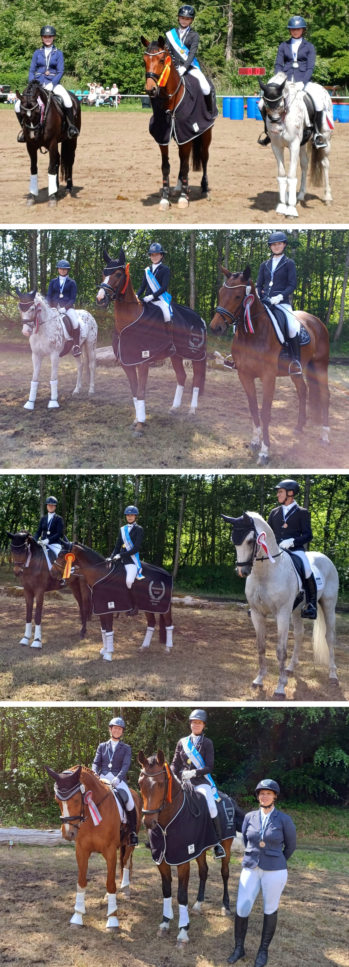 Medaillengewinner Dressur von oben: Reiten Children U16: Lena Kästner, Mara Hartmann, Lissy Abraham (RSG Wöpkendorf) Wallenstein; Dressur Junioren U18: Carlotta Plambeck, Sandy Morgenstern, Mara Hartmann; Dressur offene Klasse: Stella Baranowski, Ann-Christin Mehl, Henry Stöhr; Dressur Amateure Ü40: Andrea Conrad, Wibke Michaelis, Andrea Böttcher. © B. Roos