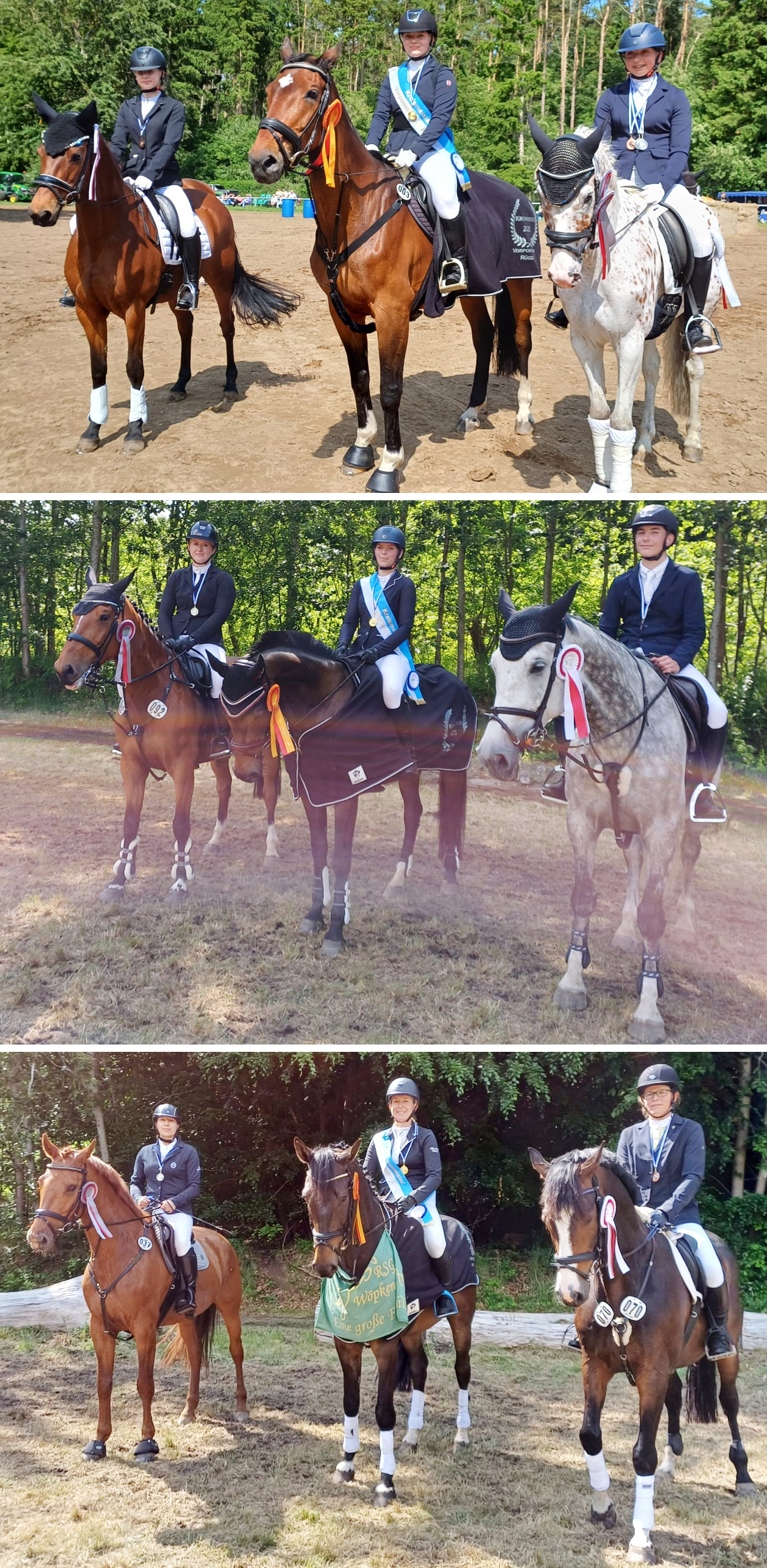 Medaillengewinner Springen von oben: Springen Junioren U18: Jette-Marit Wiening , Mara Hartmann, Frieda Koos; Springen offene Klasse: Paulin Binz, Jill Eckert, Karl Mattis Krummheuer; Springen Amateure Ü40: Anne Grawe, Juliane Wiening, Julia Schweitzer. © B. Roos