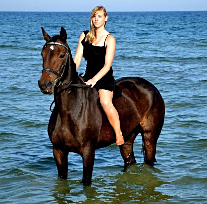 Fanny mit ihrer Reiterin Paulin Binz beim Baden in der Ostsee.