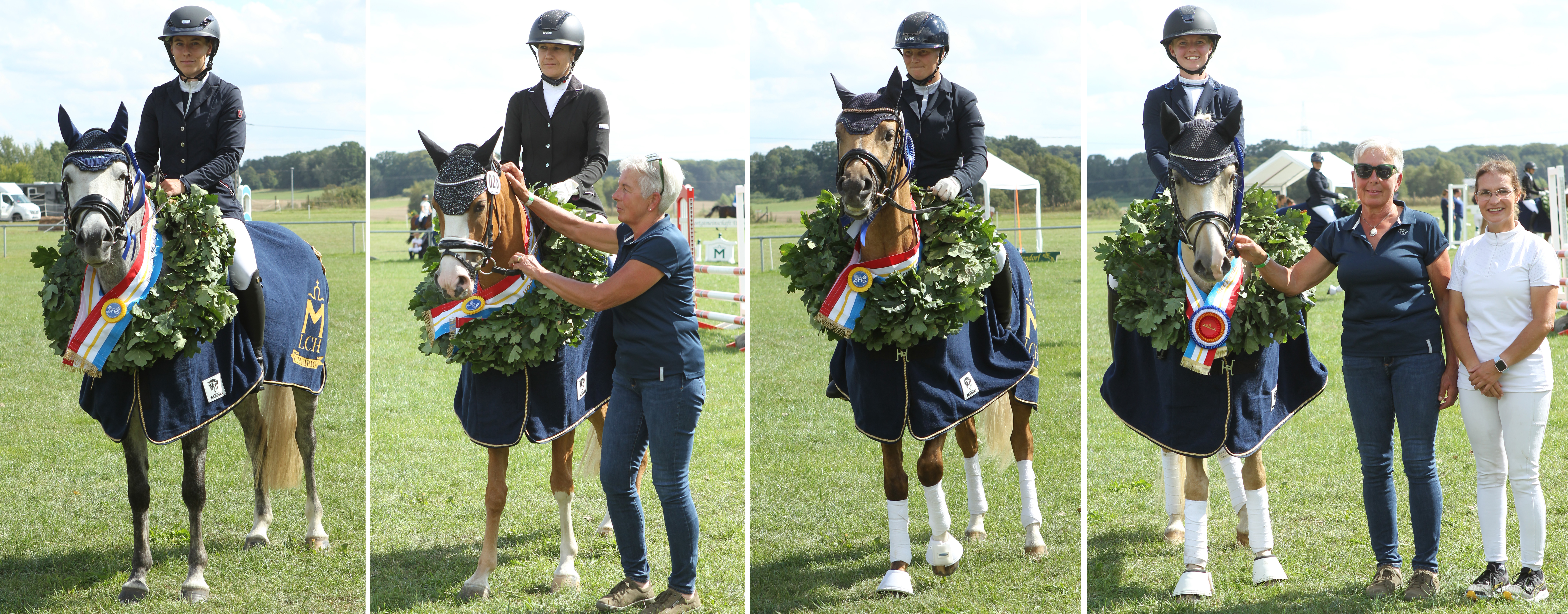 Die vier neuen Landespion: v.l. Charlotte M (5-jähries Springpony) mit Anna-Lena Finck), Dahja (5-jähriges Dressurpony) mit Manuela Granzow, Lexus (3-jähriges Reitpony) mit Jana Behning, Dreikäsehoch (4-jähriges Reitpony) mit Paulin Lutze. Die Ehrung nahmen die Präsidiumsmitglieder Patricis von Mirbach und Sandra Engelmann vor. © Jutta Wego
