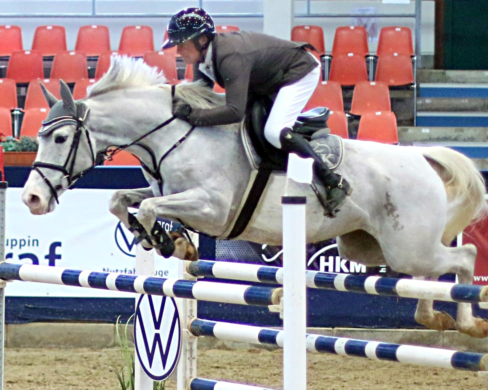 Steffen Krehl vom RFV Lentzke gewann mit dem 9-jährigen Schimmelstute Como’s Pleasure den großen Preis. © KaLo