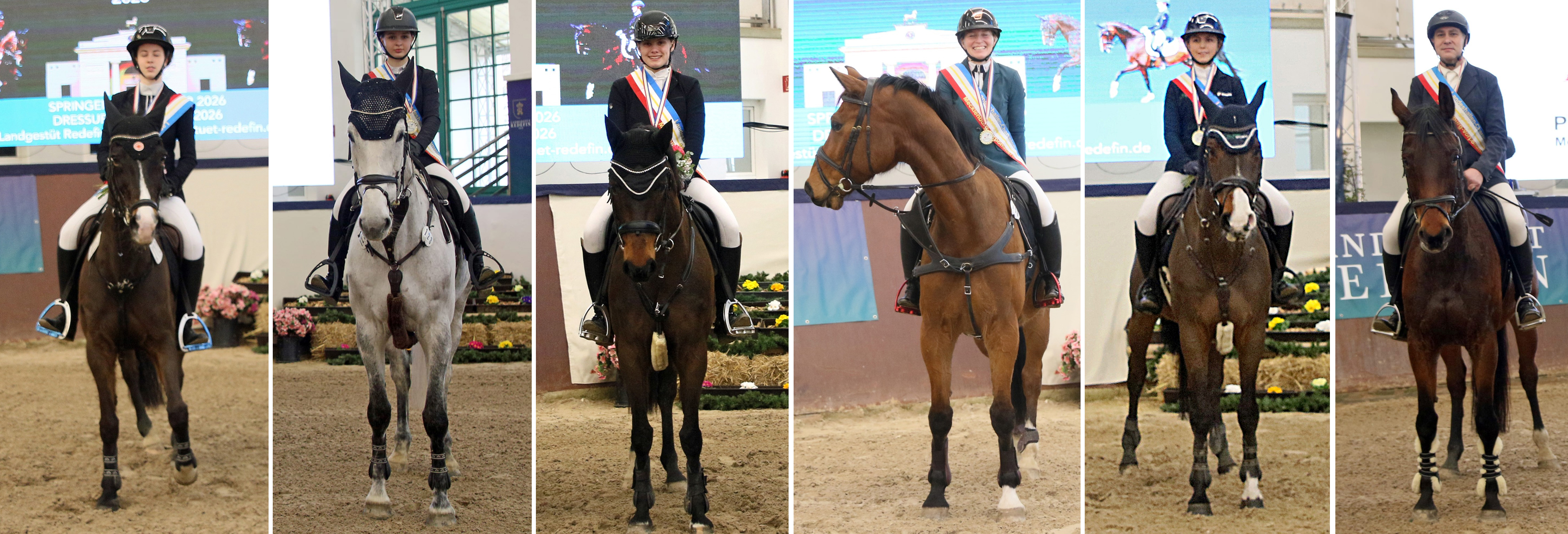 Die neuen Hallen-Landes-Champion 2026 im Springen: v.l. Elli Mau (Ahlbeck) U16-Ponyreiter; Tessa Kaminski (Plöwen) U16-Children; Amelie Kutsch (Polzow) U25 Nachwuchsreiter; Juliane Weihs (Grevesmühlen) Damen; Christin Wascher Redefin) offene Kl.S; Karsten Krohn (Ahlbeck) Ü40-Amateure. © KaLo