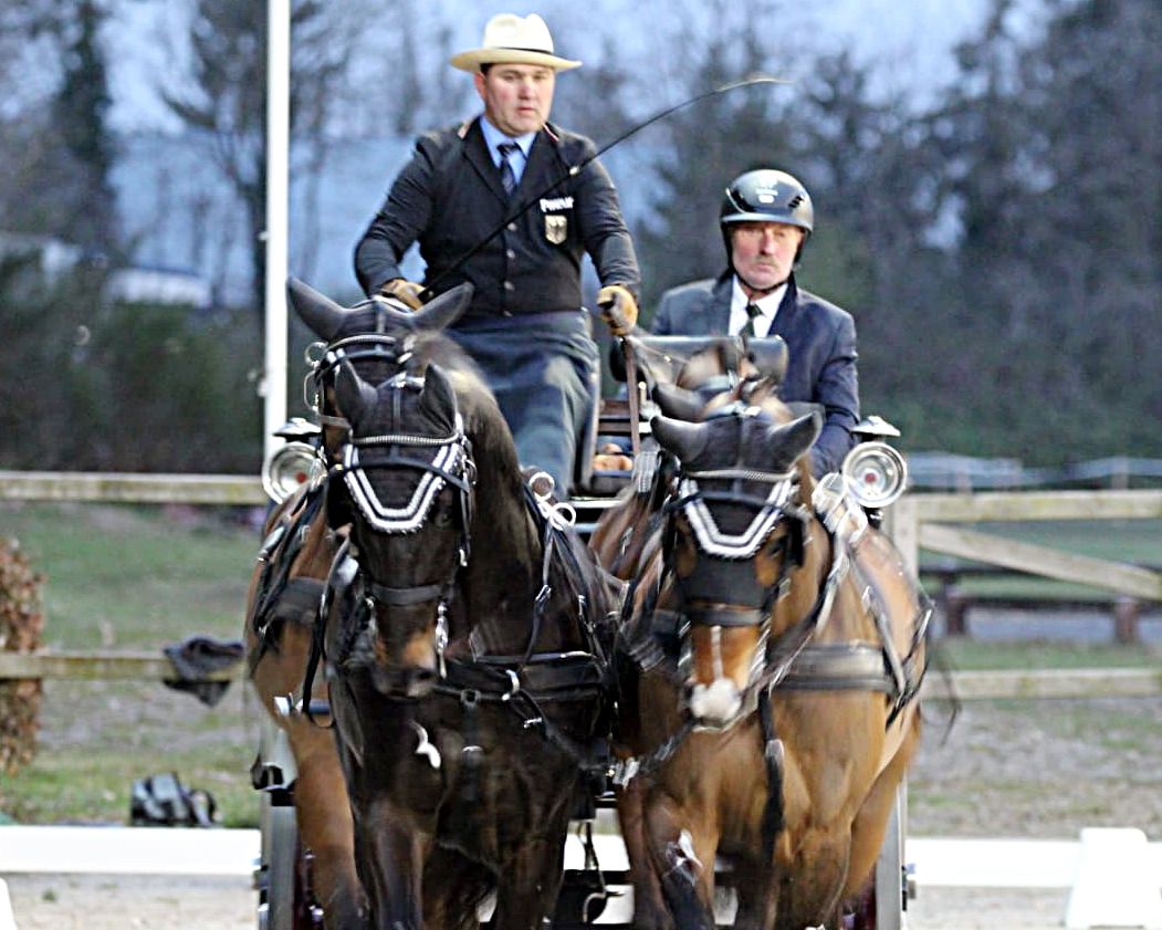 Unter Flutlicht startete Mario Schildt mit den Pferden Chico’s Boy, Edelstein, Edje und Million’s Boy und Beifahrer Jürgen Radtke am Freitag in die Dressur. © privat