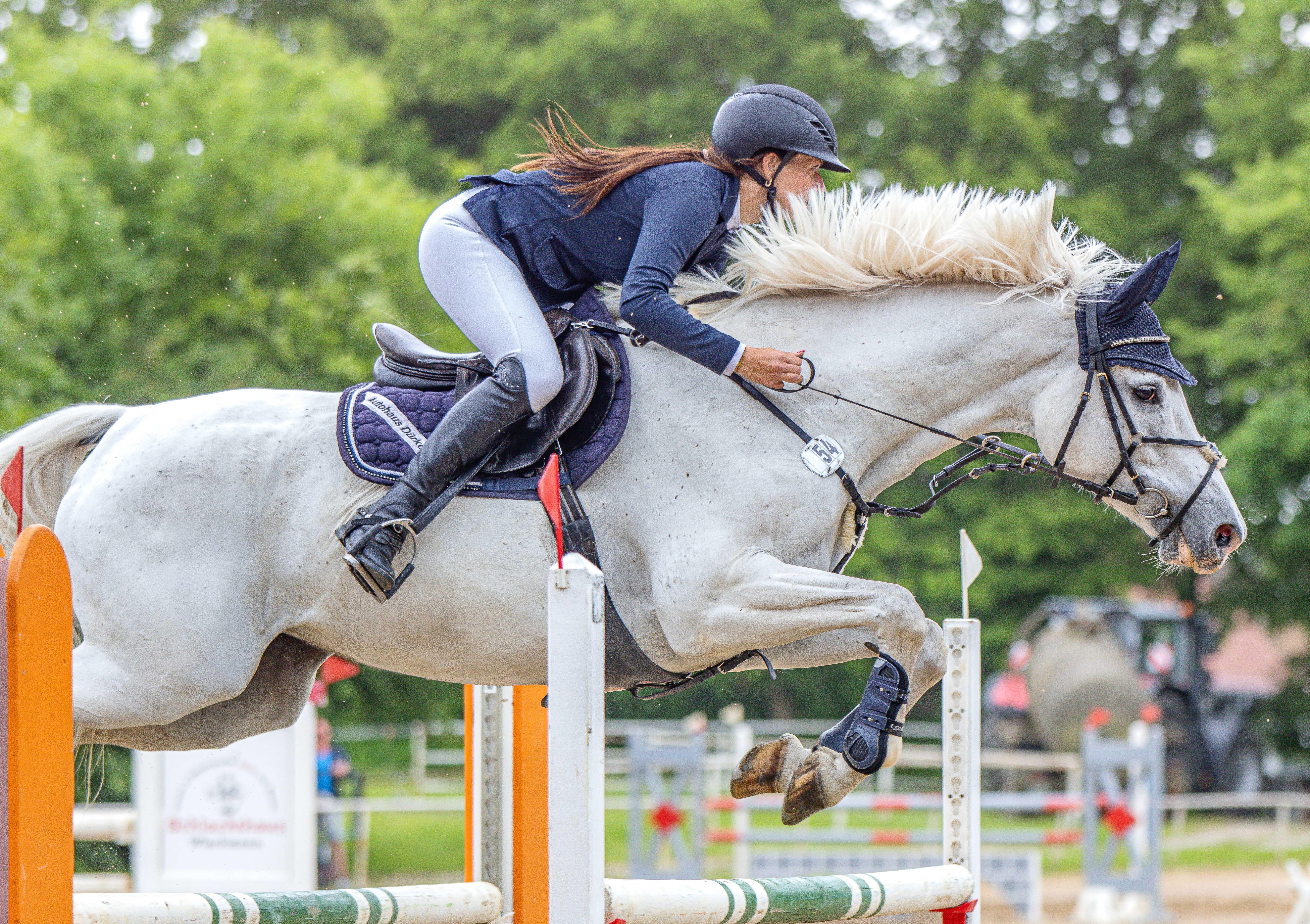Lisa Rohde vom Stralsunder RFV hat mit der 11-jährigen Schimmelstute Come on Girl (v. Come and Fly) das Hauptspringen der Klasse M in Dummerstorf gewonnen. © S. Boge