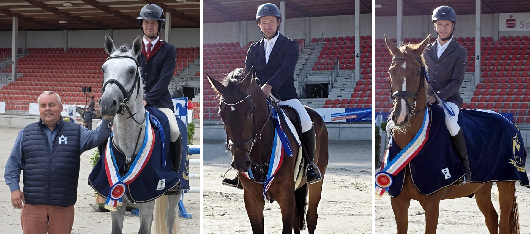 Zuchtverbandspräsident Jörg Hasselmann gratuliert die Reiter der Mecklenburger Landeschampion in Springen: v. l. Günter Stübing mit dem 4-jährigen Carneol (v. Cellado x Flipper Hit), Richard Robinson mit dem 5-jährigen Calais (v. Casallco x Diarado) und Lukas Burmeister mit dem 6-jährigen Caya L (v. Clarcon x Quality). © J. Wego