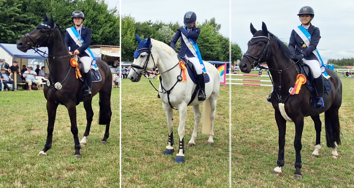 Der RFV Altkamp wurde in Miltzow Vereins-Kreismeister mit Sarah Prehl auf Verstappen SP, Frieda Koos auf Condessa und Michelle Gleß auf Calina (v.l.). © B. Roos