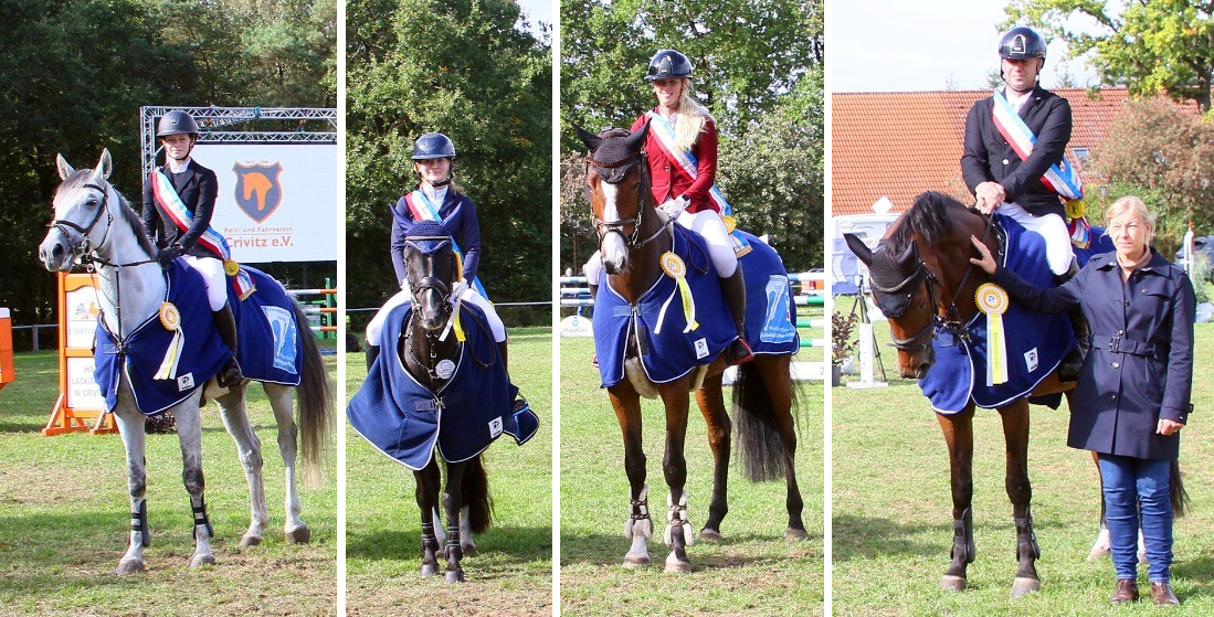 Die neuen Kreismeister des Landkreises Ludwigslust-Parchim im Springen: Harriet Varwig (RFV Eldena), Antonia Koffhof (SV Rotation Neu Kaliß), Svenja Gradert (SV Rotation Neu Kaliß), Mario Mühlenberg (RFV Crivitz), Dorthe Fischer (KRB). © KaLo