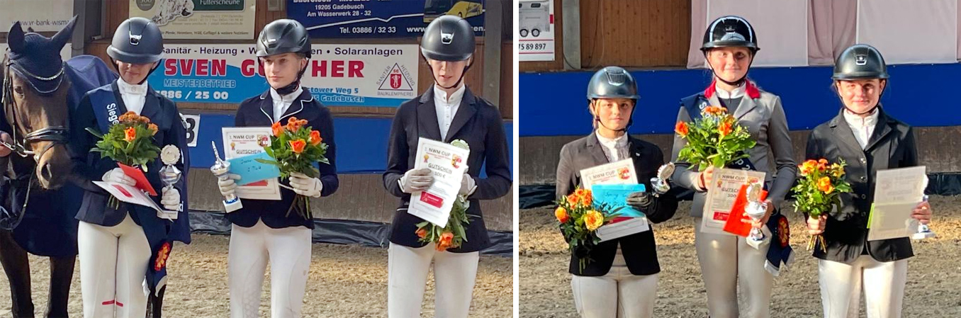Die Drei erstplatzierten in den NWM-Cups 2026:- links Dressur: Mira Mahrt (RV Carolinenhof/Pogez), Emelie Schulz (RSC Neuendorf), Luna Sturmat (TSG Schönberg)- rechts Springen: Enna Schomann (RFV Blowatz), Lara Lotta Kuhn (RV Carolinenhof/Pogez), Maxi Marlene Maaß (RFV Gadebusch). © Andrea Gabriel-Vogt